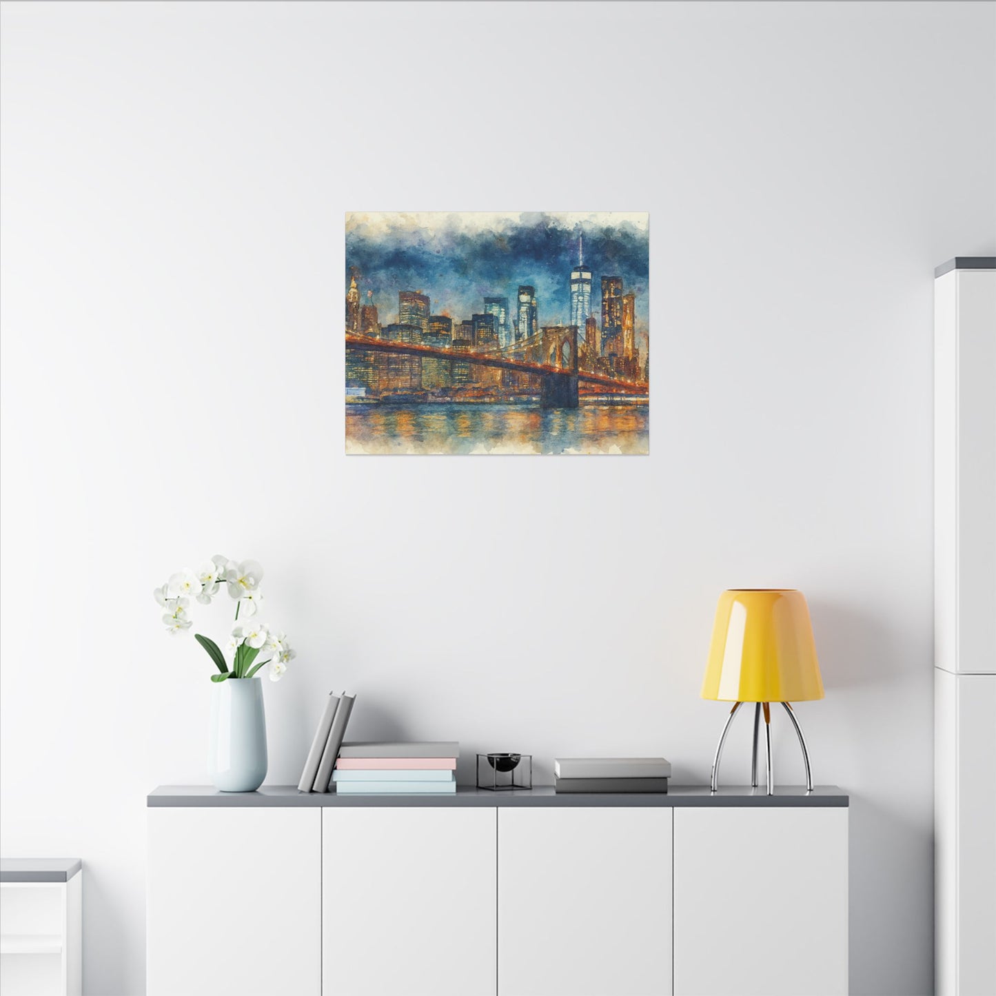 NYC Skyline Watercolor Art Print, Brooklyn Bridge Night Painting, New York City Wall Decor, Skyline Canvas Print, Urban Landscape