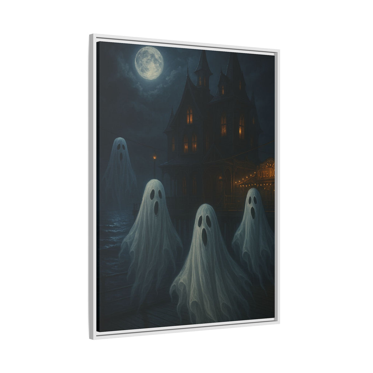 Haunted House Ghost Canvas Wall Art – Spooky Halloween Framed Art, Vintage Horror Decor, Gothic Night Scene Print