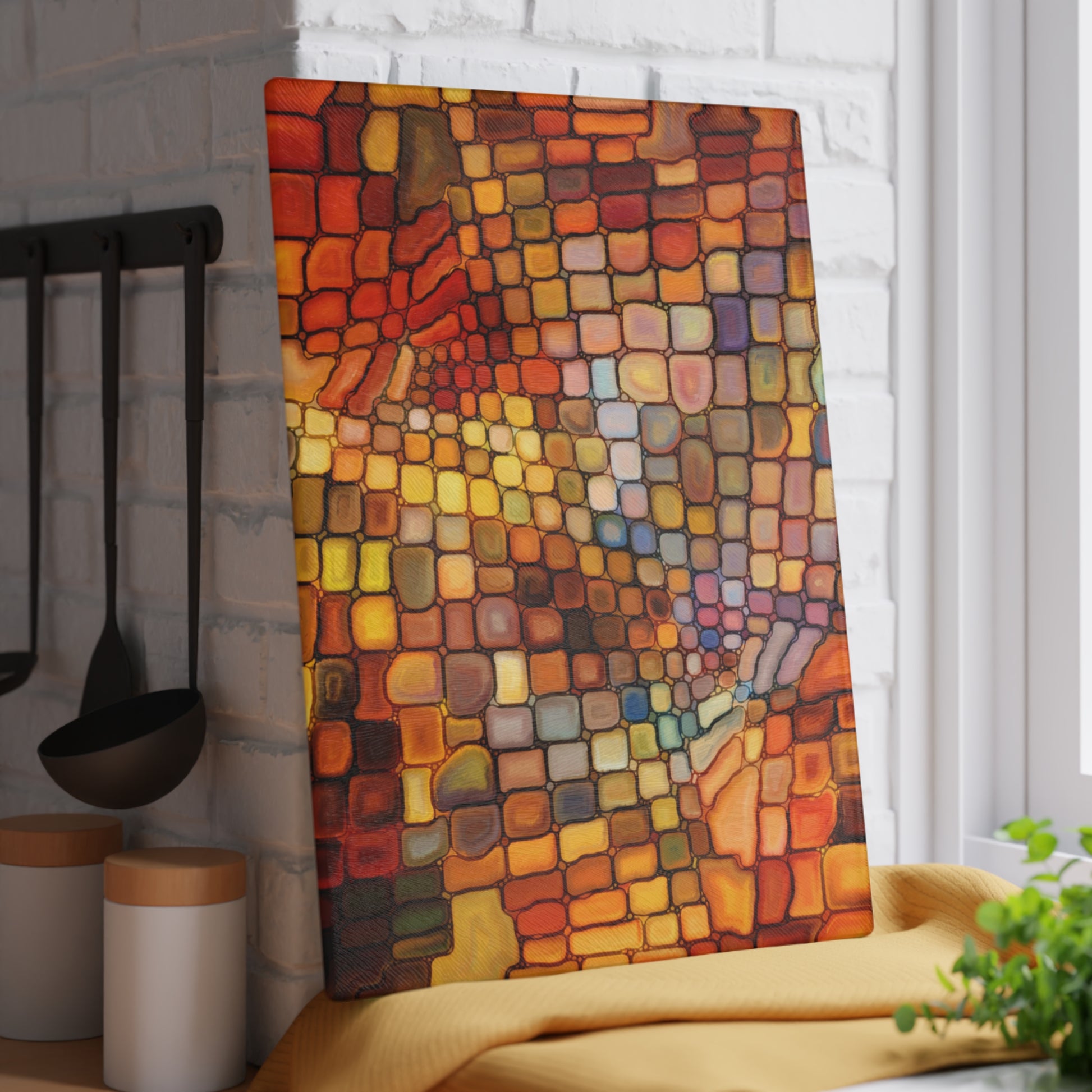 Colorful abstract painting on a wall in a kitchen setting