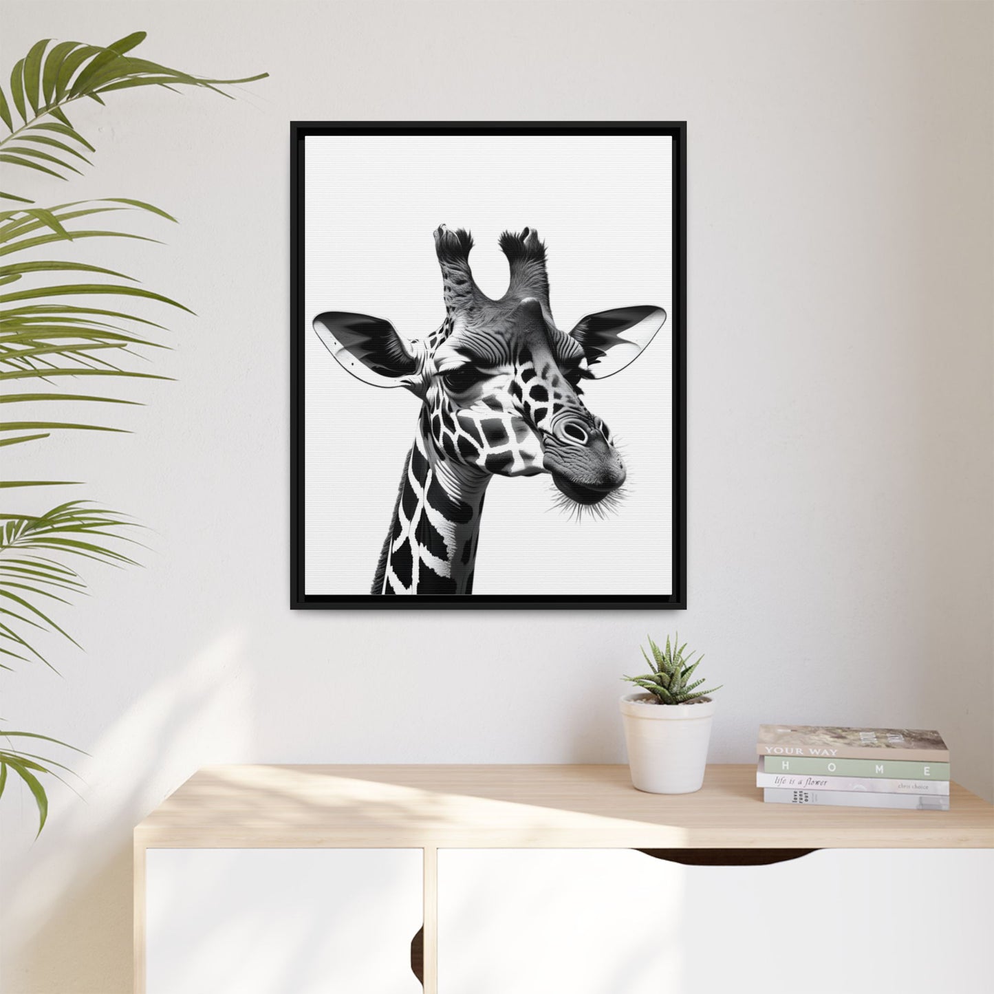 Black and White Giraffe Wall Art – Framed Safari Animal Canvas Print