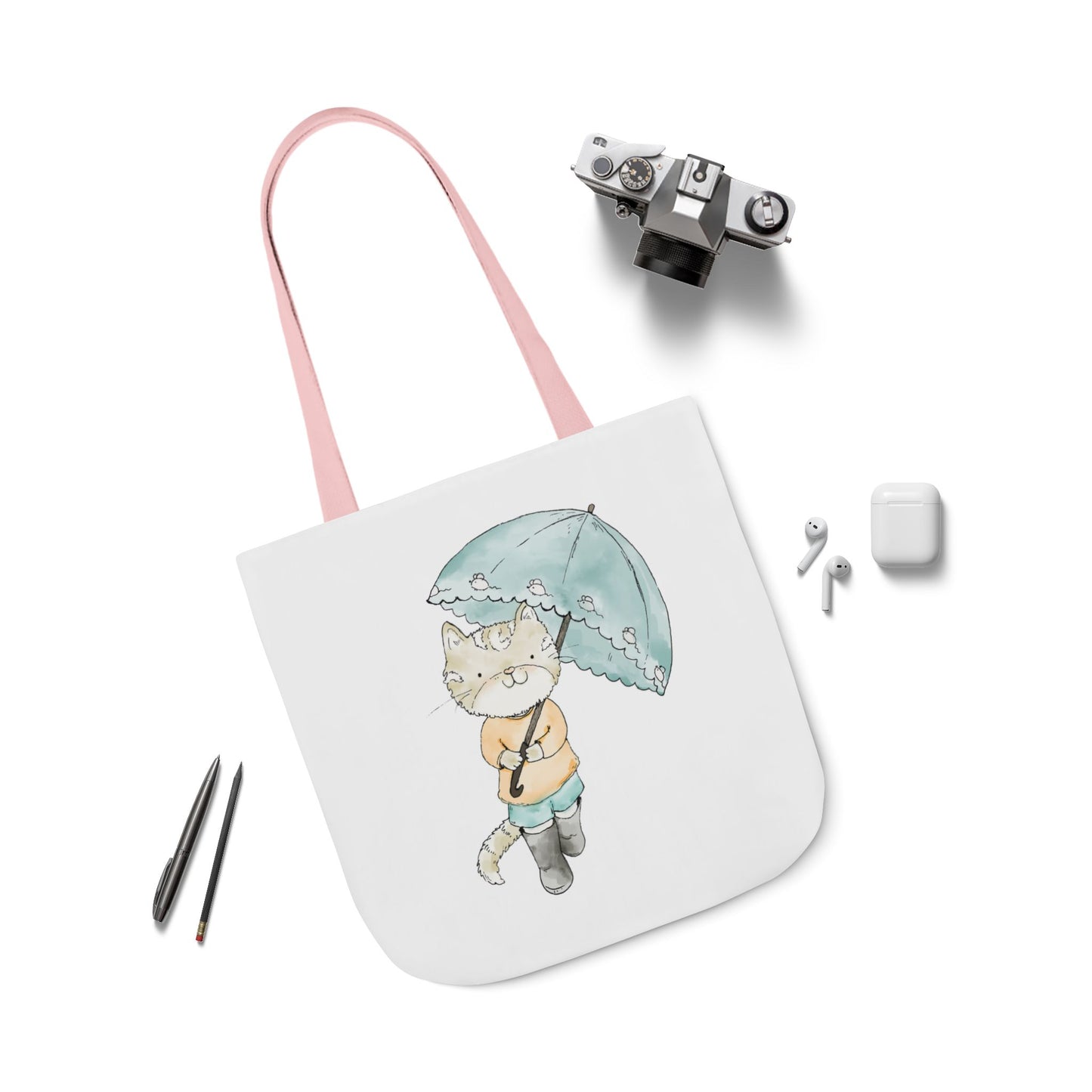 Cat Lover Tote Bag Cute Kitty with Umbrella Rain Boots Cat Lover Eco Tote Bag