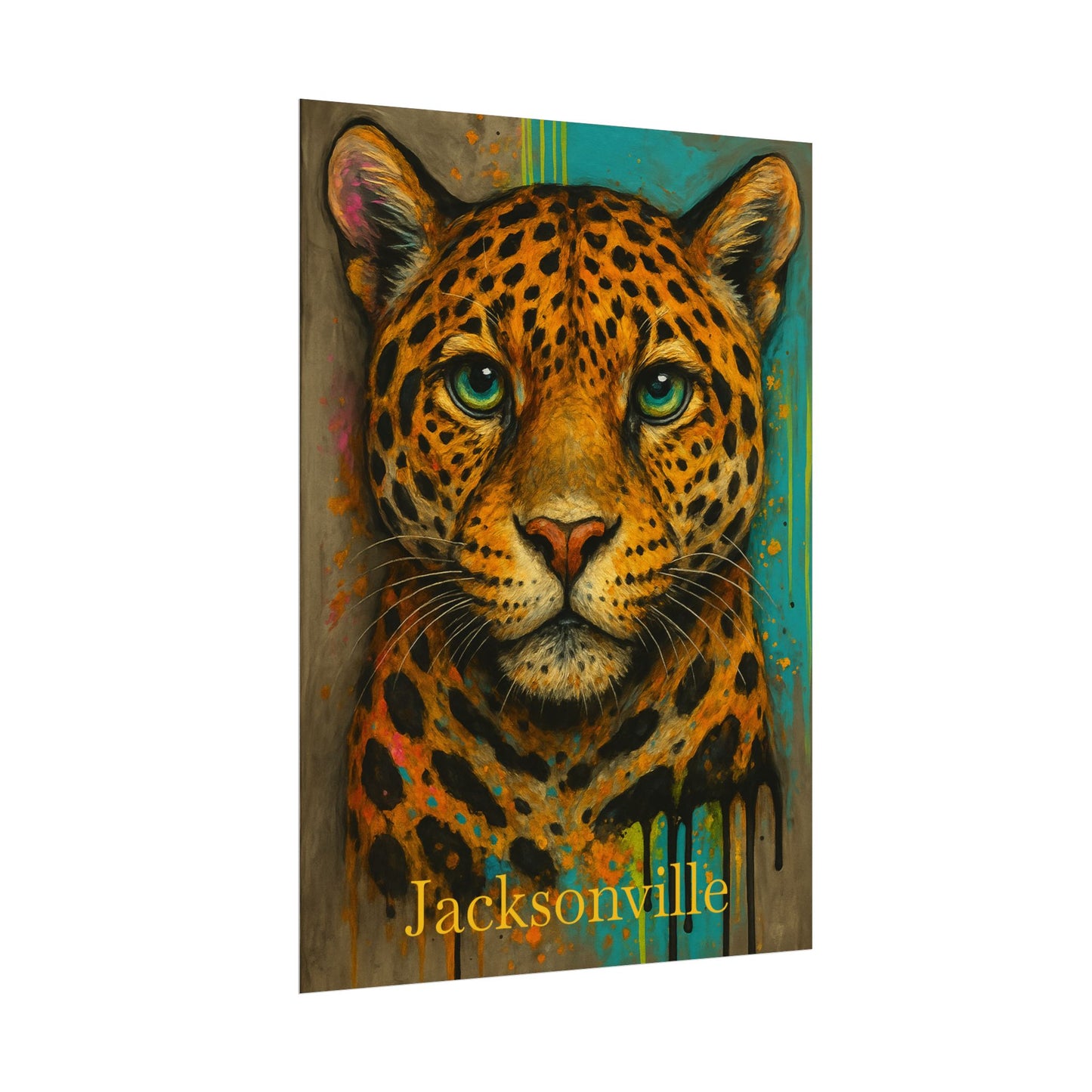 Colorful painting of a leopard with 'Jacksonville' text on a white background