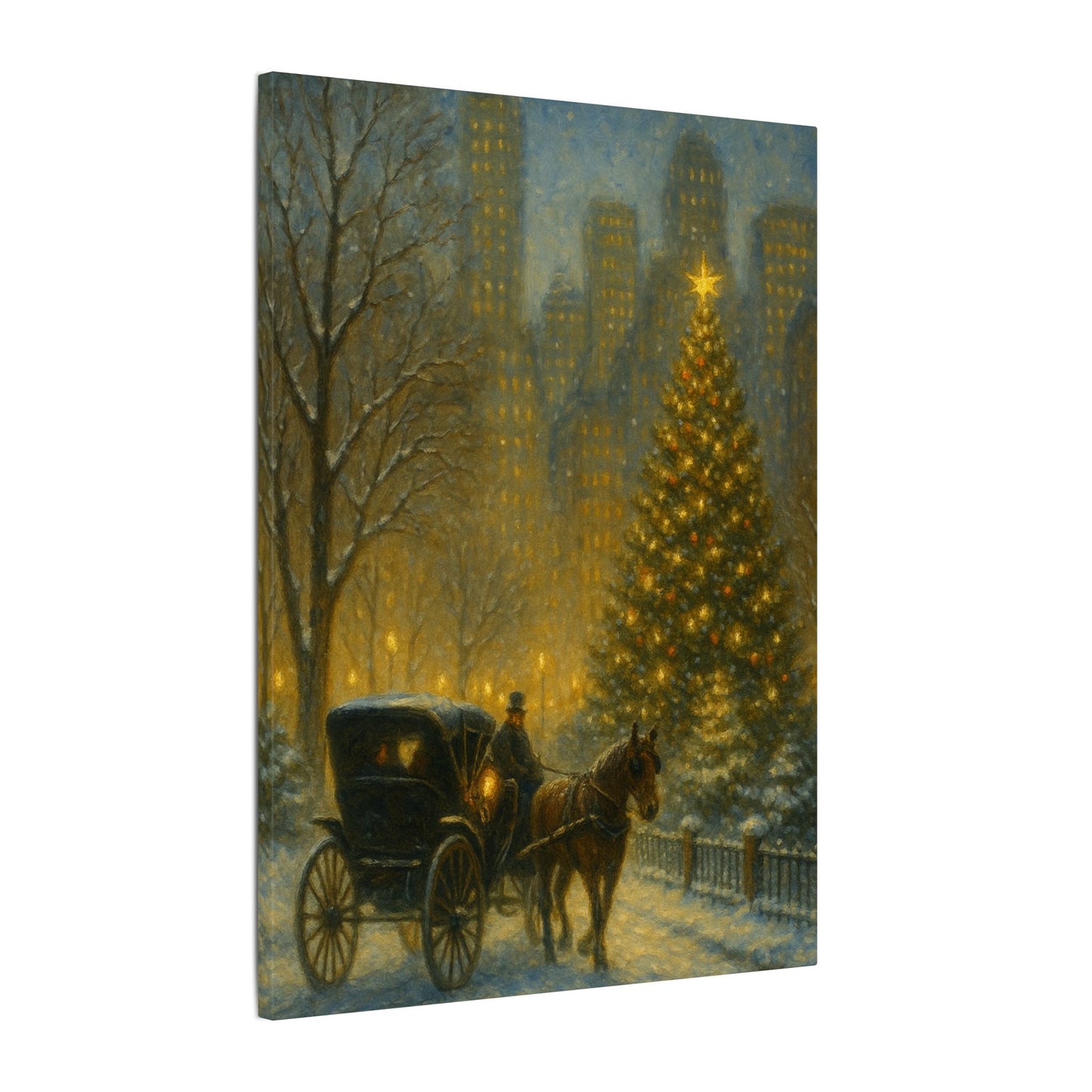 Painting of a horse-drawn carriage in a snowy city street with a Christmas tree and tall buildings.