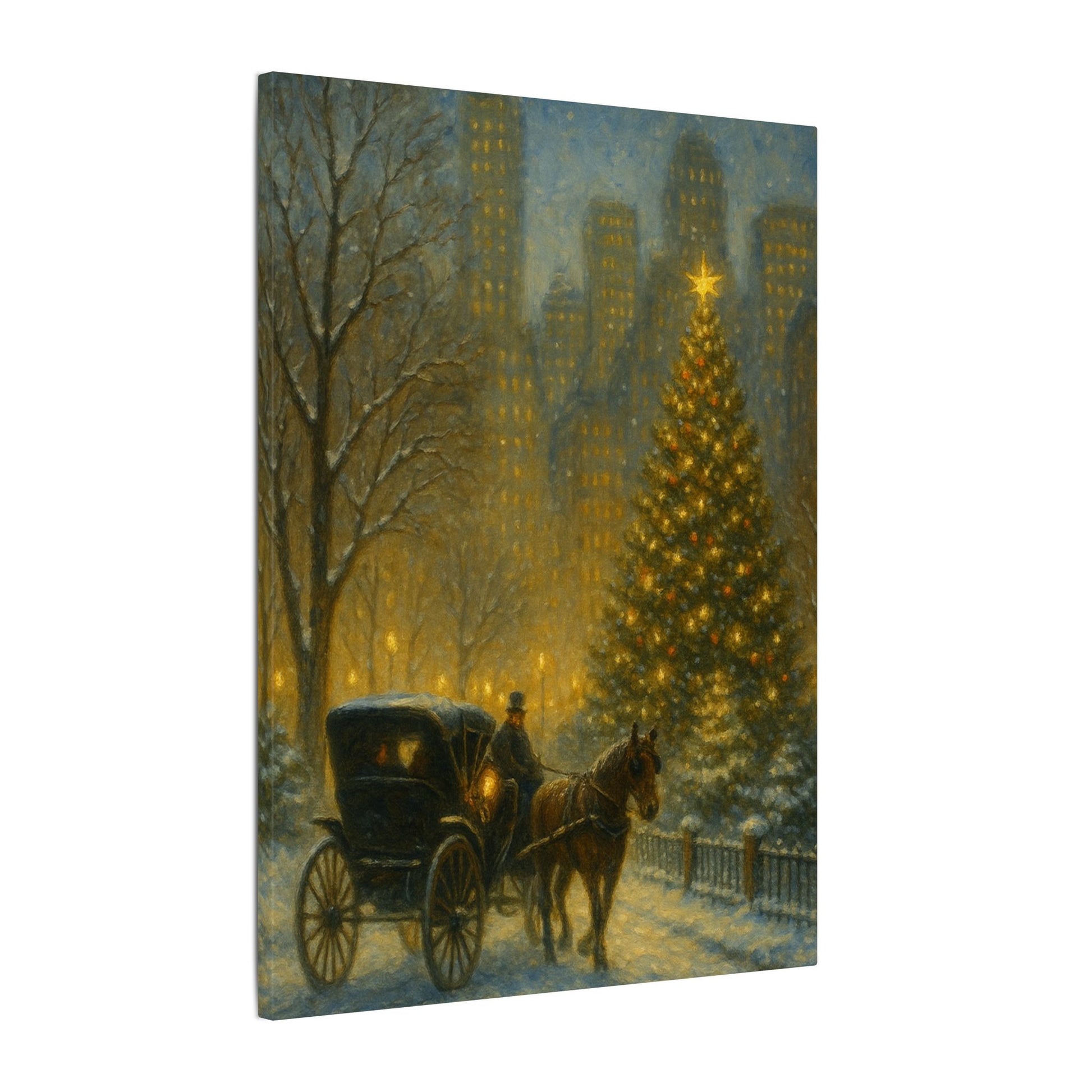 Painting of a horse-drawn carriage in a snowy city street with a Christmas tree and tall buildings.