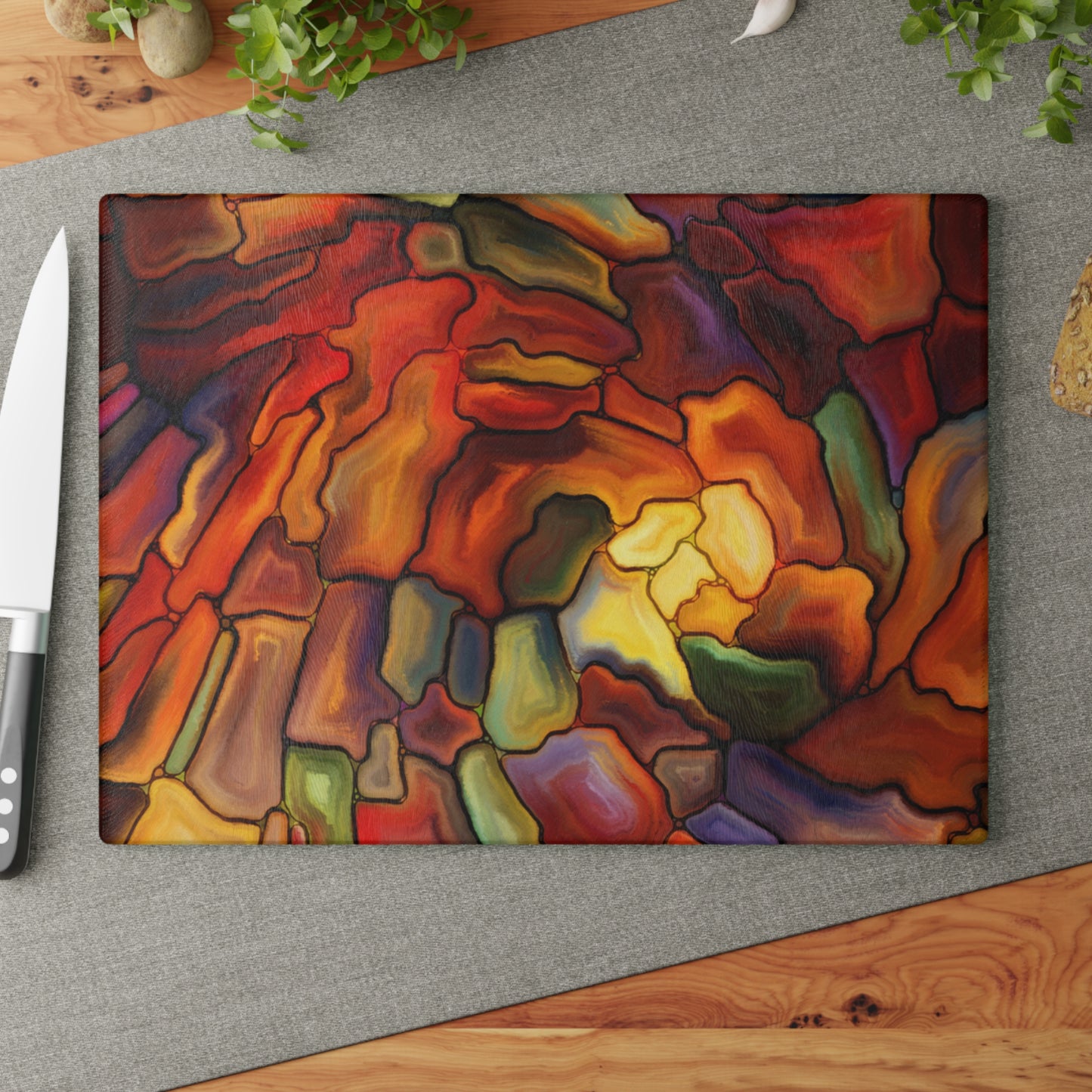 Abstract Stained Glass Swirl Cutting Board | Colorful Mosaic Kitchen Decor