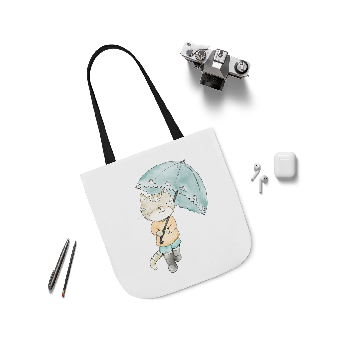 Cat Lover Tote Bag Cute Kitty with Umbrella Rain Boots Cat Lover Eco Tote Bag