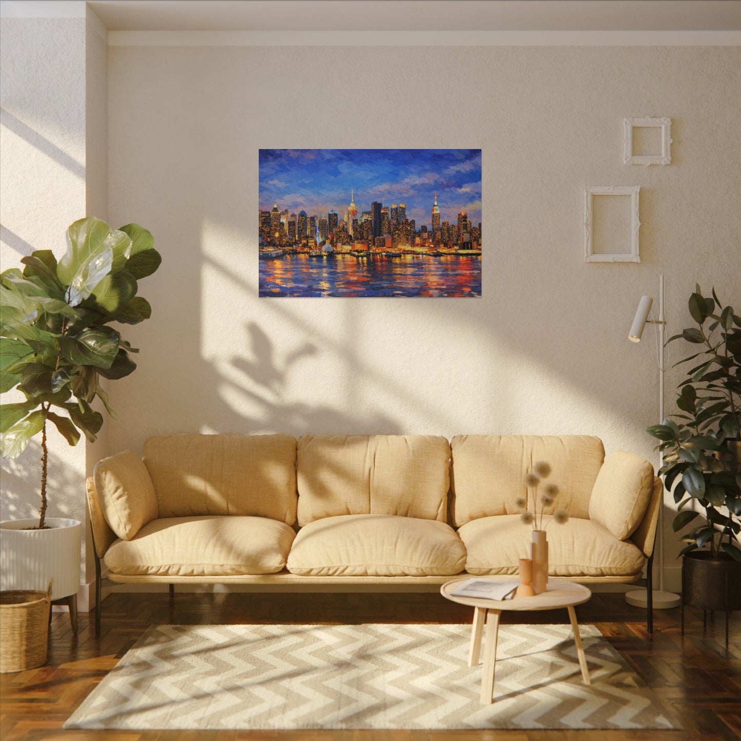 New York City Skyline Canvas Wall Art – Night Waterfront Impasto Cityscape Painting
