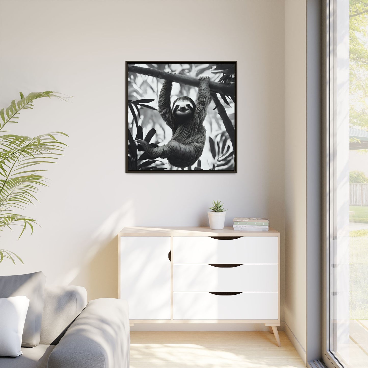 Playful Sloth Hanging from Tree Branch Black & White Animal Wall Art, Cute Sloth Photography Print, Jungle Theme Home Deco