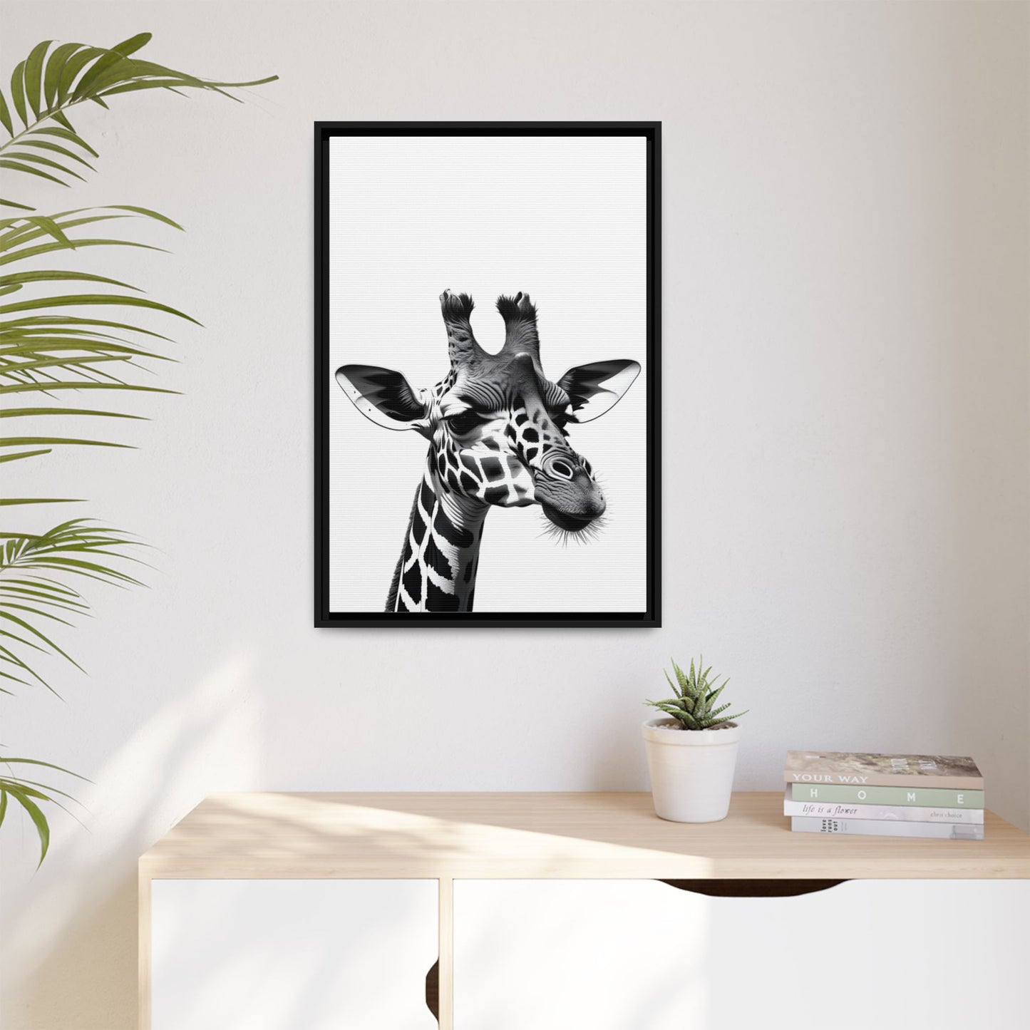 Black and White Giraffe Wall Art – Framed Safari Animal Canvas Print