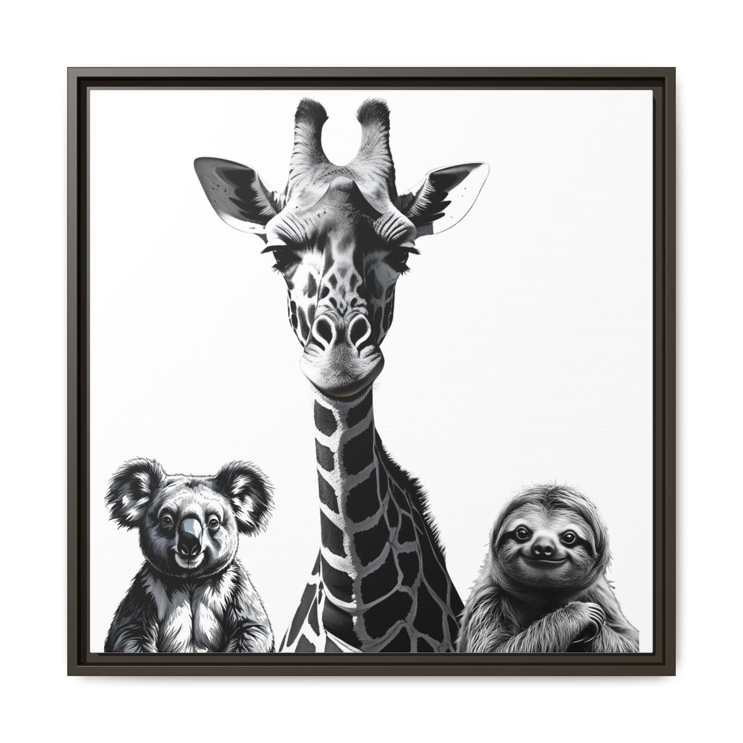 Framed artwork of a giraffe, koala, and sloth in black and white.