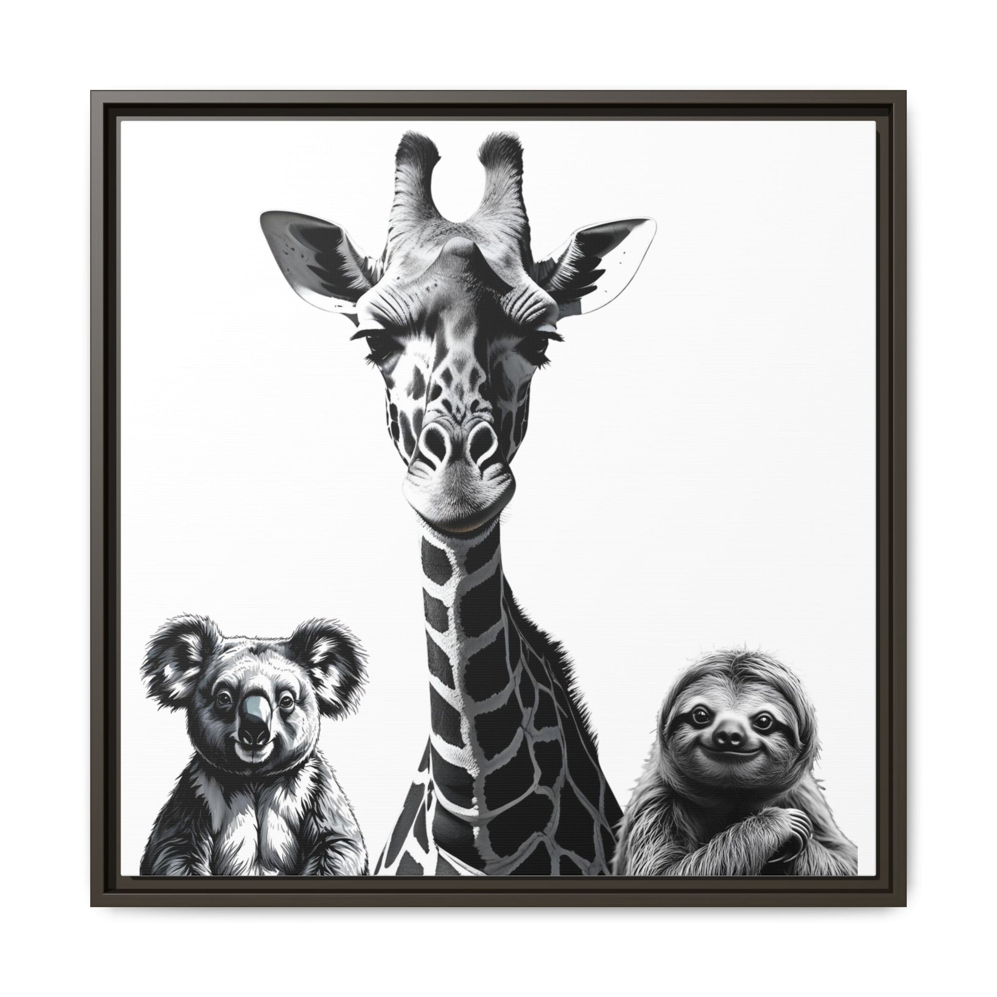 Framed artwork of a giraffe, koala, and sloth in black and white.