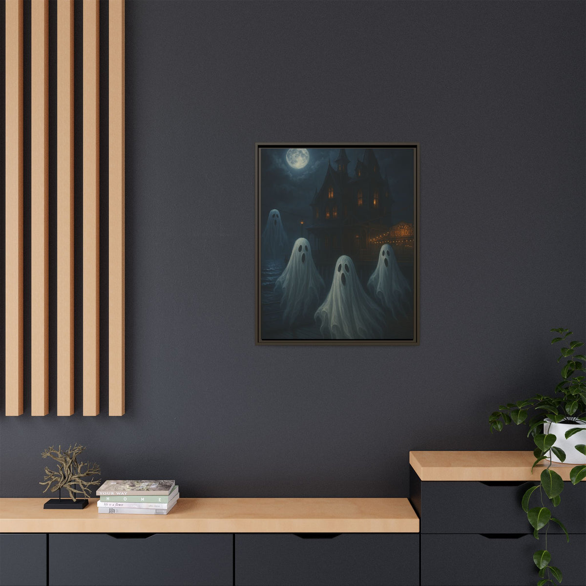 Haunted House Ghost Canvas Wall Art – Spooky Halloween Framed Art, Vintage Horror Decor, Gothic Night Scene Print