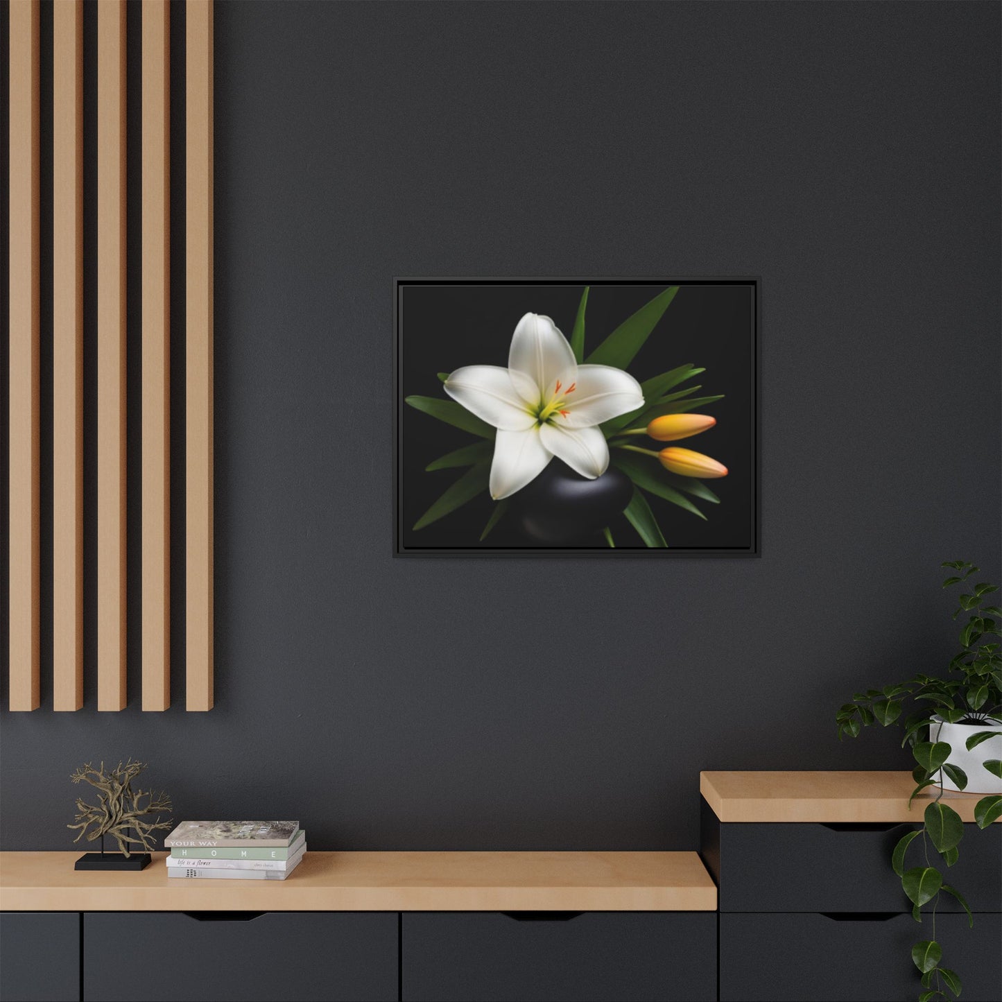 White Lily Wall Art Canvas Print Framed | Elegant Floral Wall Decor for Bedroom, Living Room, Bathroom