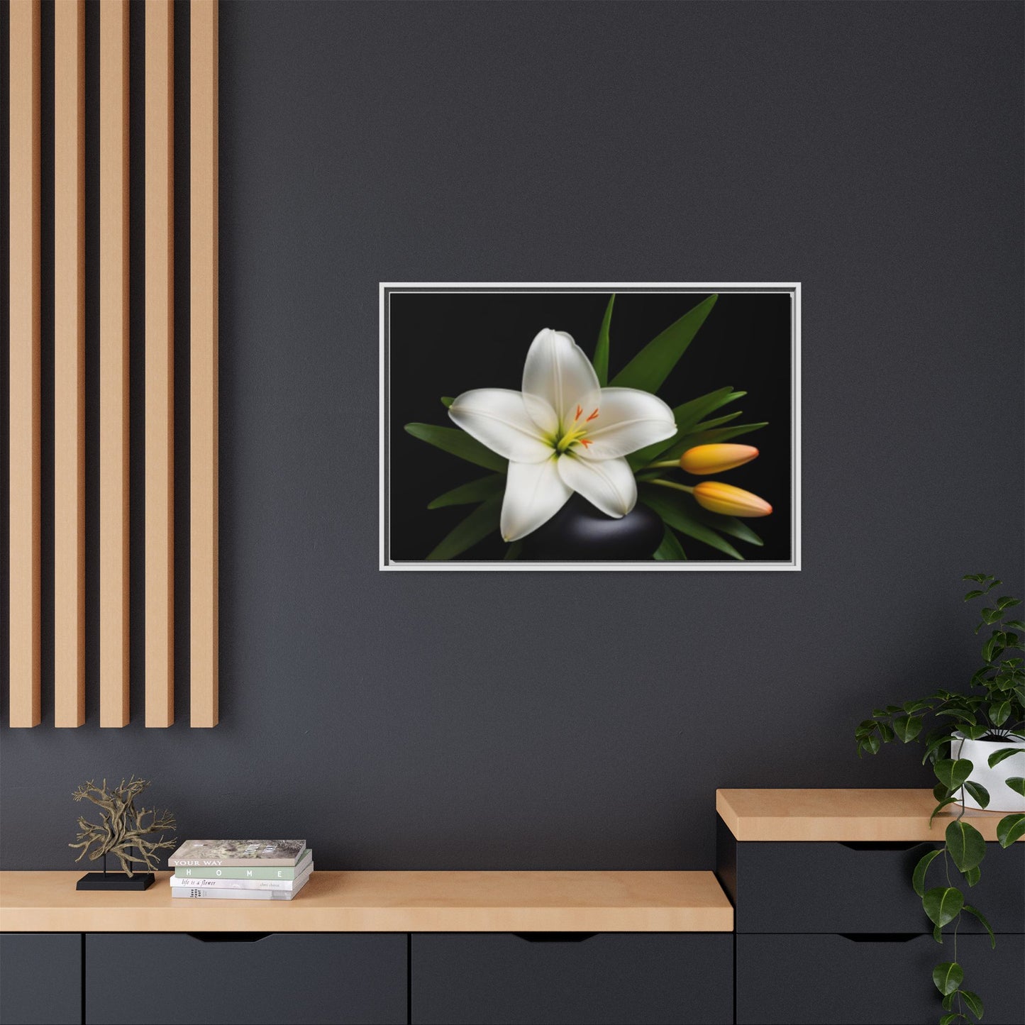 White Lily Wall Art Canvas Print Framed | Elegant Floral Wall Decor for Bedroom, Living Room, Bathroom