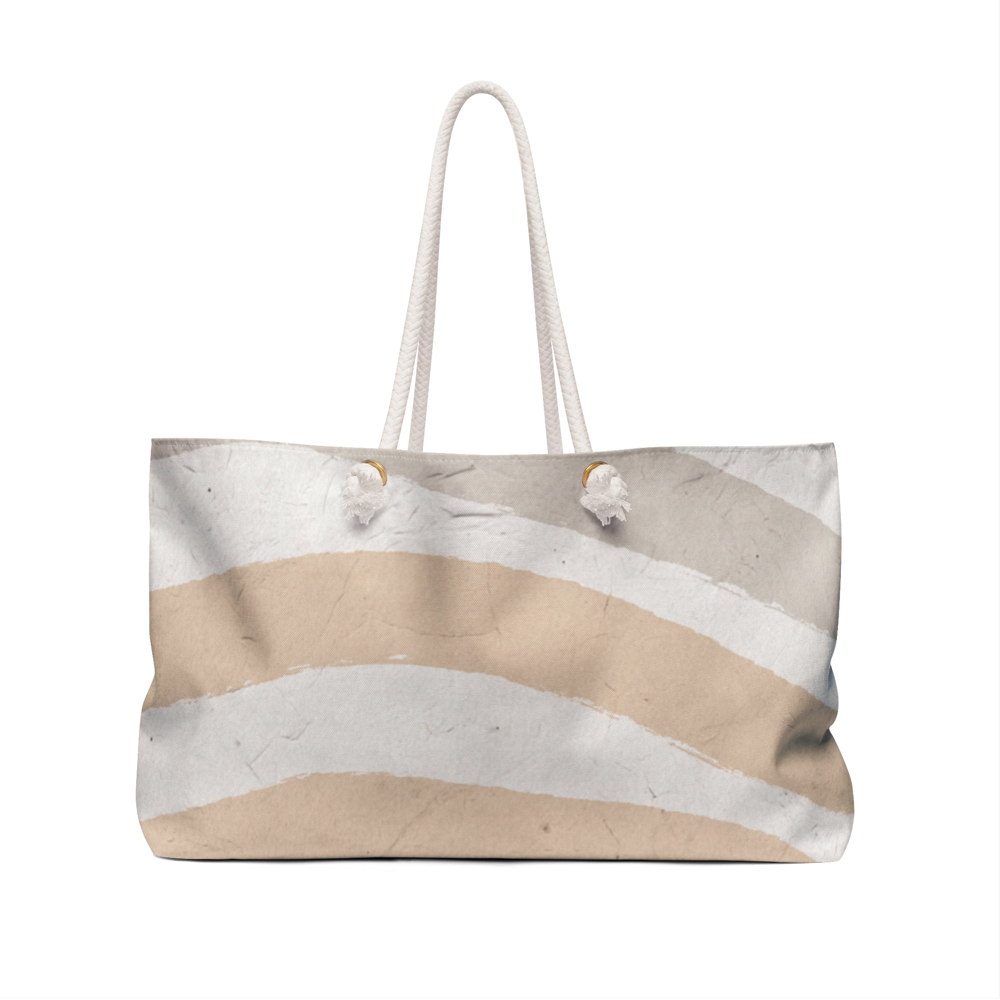 Beige and white striped tote bag with tassels on a white background