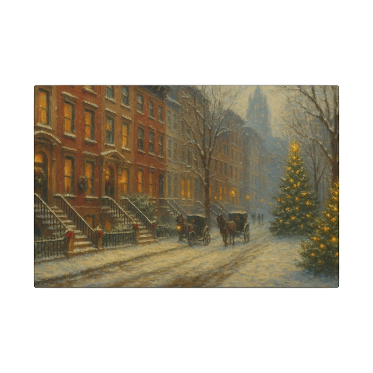 Painting of a snowy street scene with horse-drawn carriages and a Christmas tree.