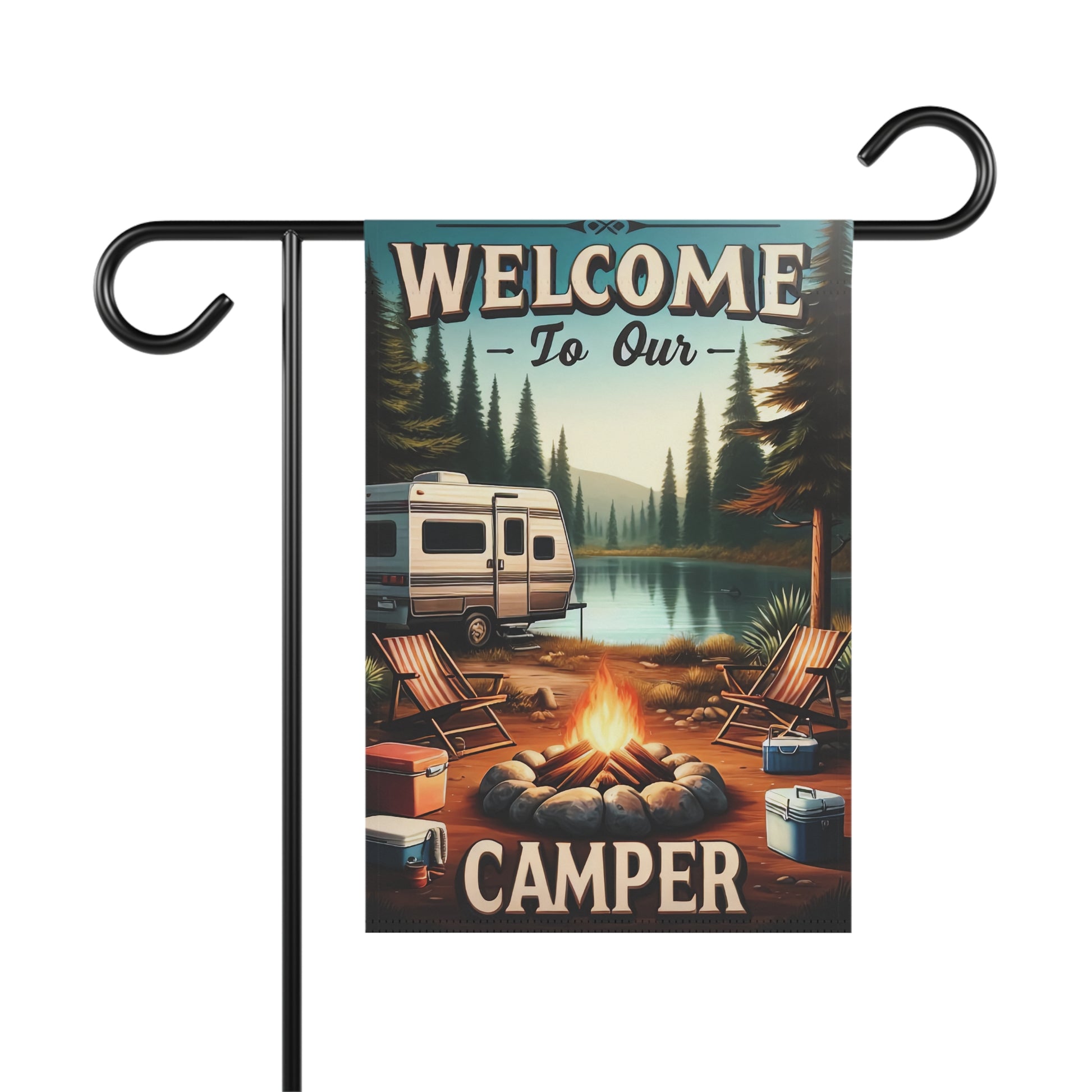 Flag with a camping scene and 'Welcome to Our Camper' text on a flagpole.