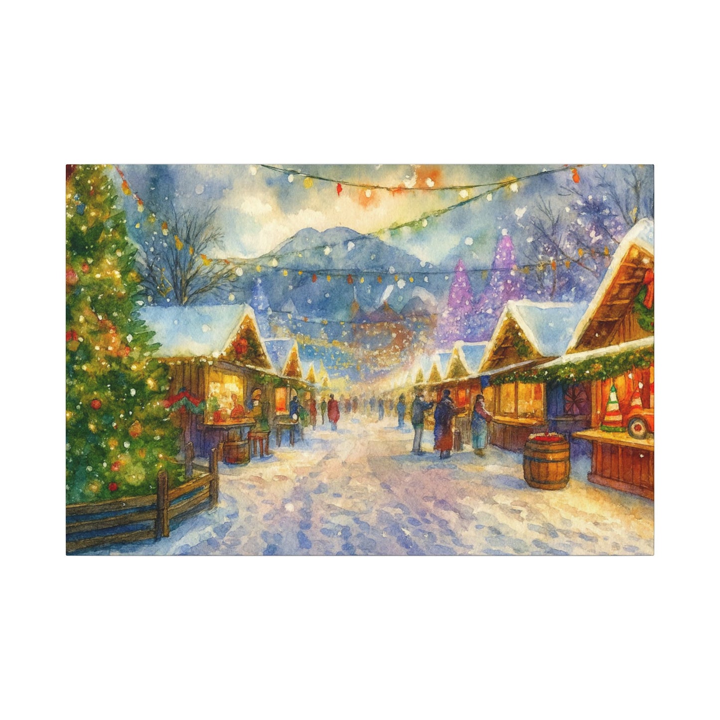 Winter village scene with snow-covered roofs and festive lights.