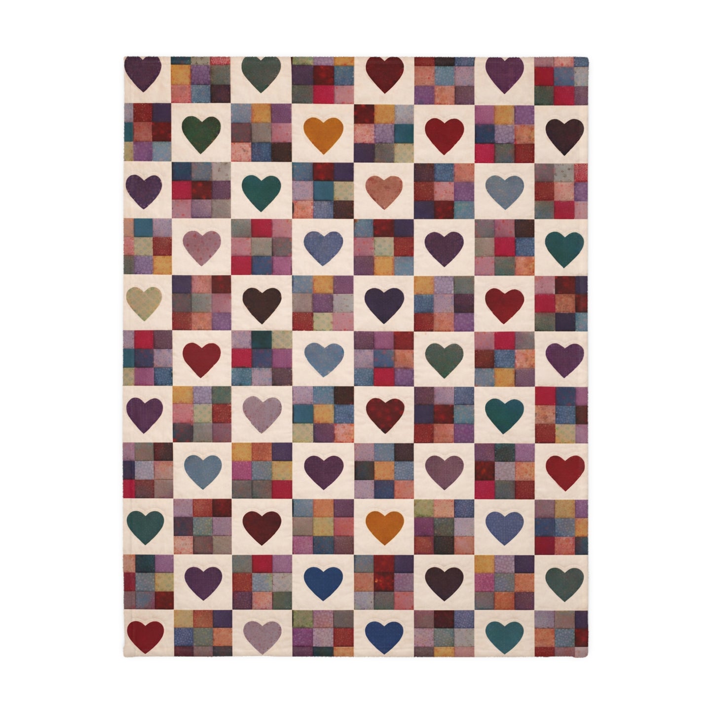 Throw with a pattern of colorful hearts on a checkered background