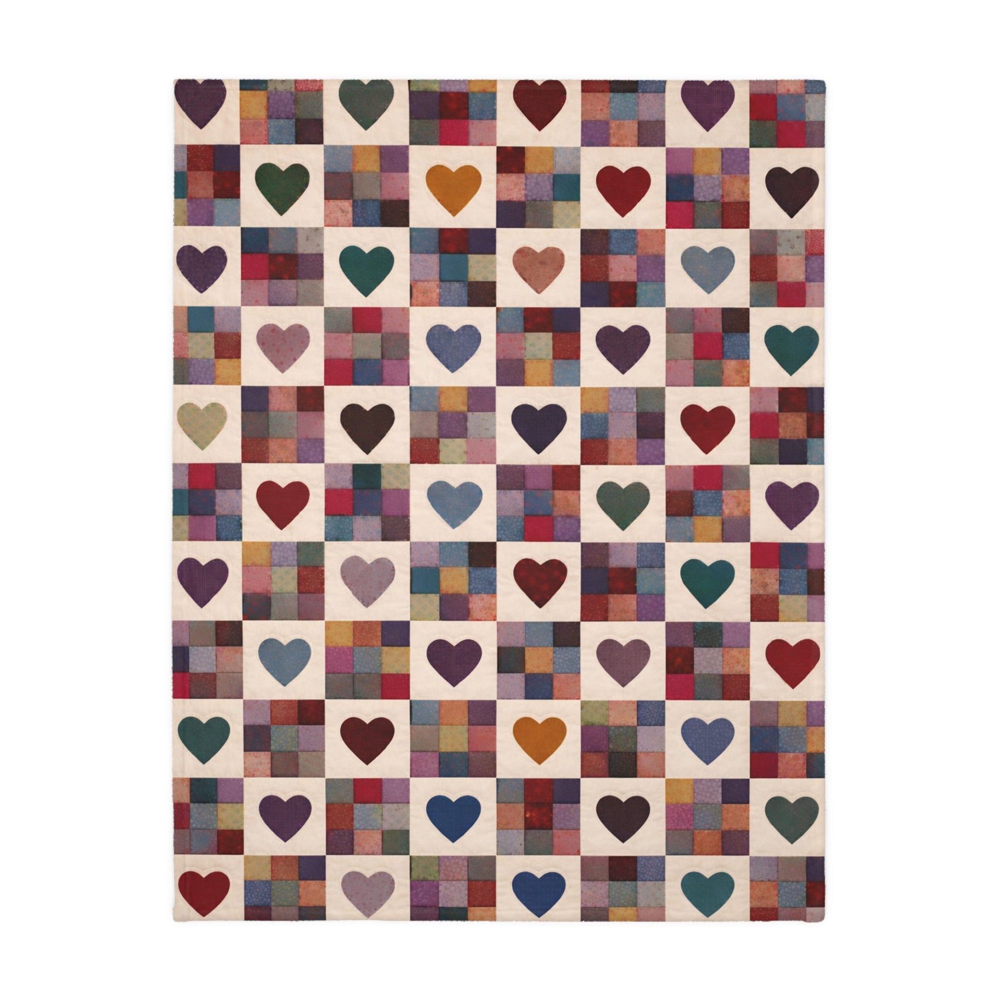 Throw with a pattern of colorful hearts on a checkered background