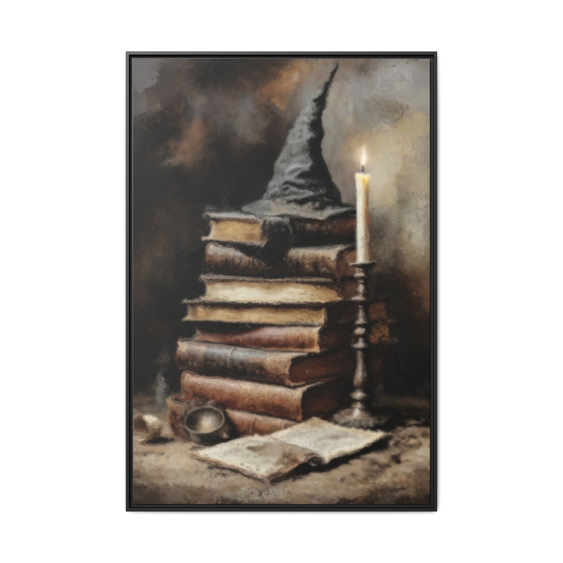 Framed artwork of a wizard's hat on books with a candle, dark background