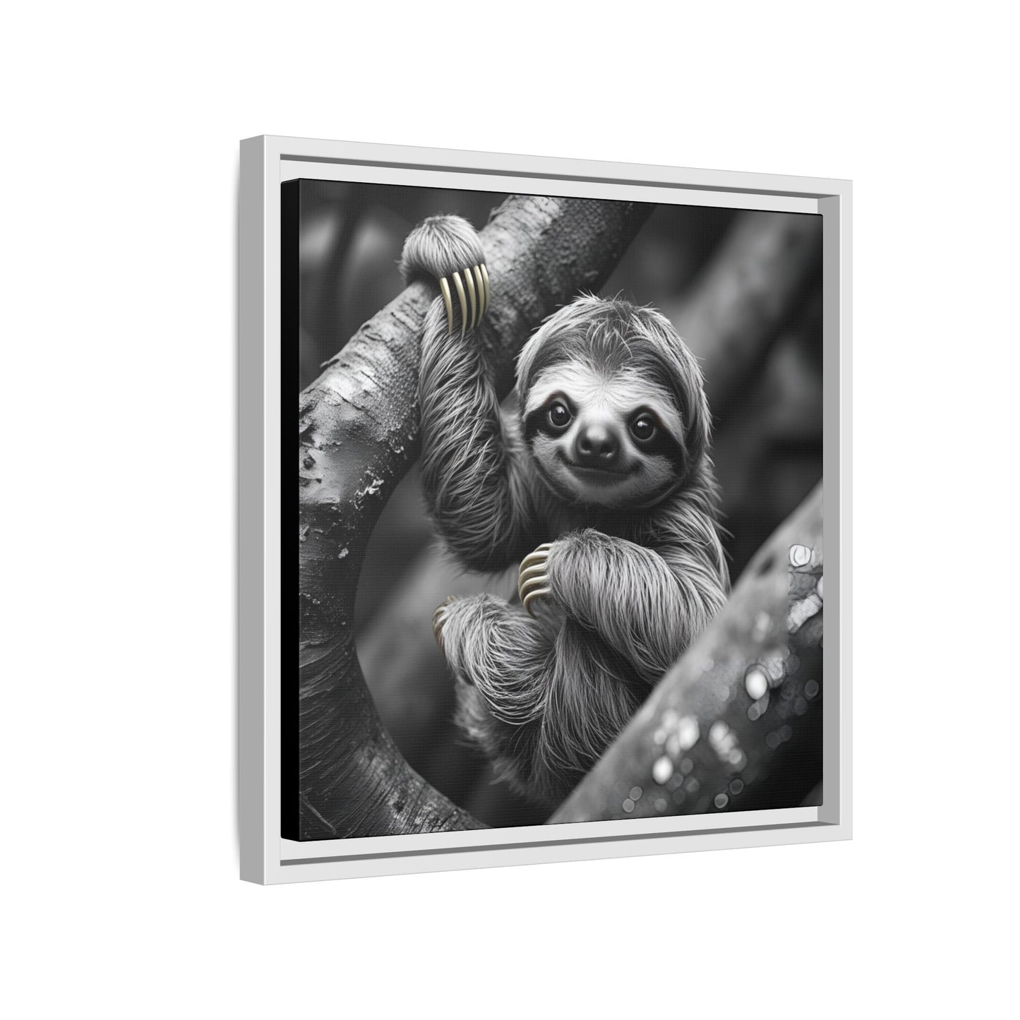 Smiling Sloth Hanging on Tree Branch Wall Art on Framed Canvas, Sloth Lover Gift, Nursery Decor, Wildlife Artwork