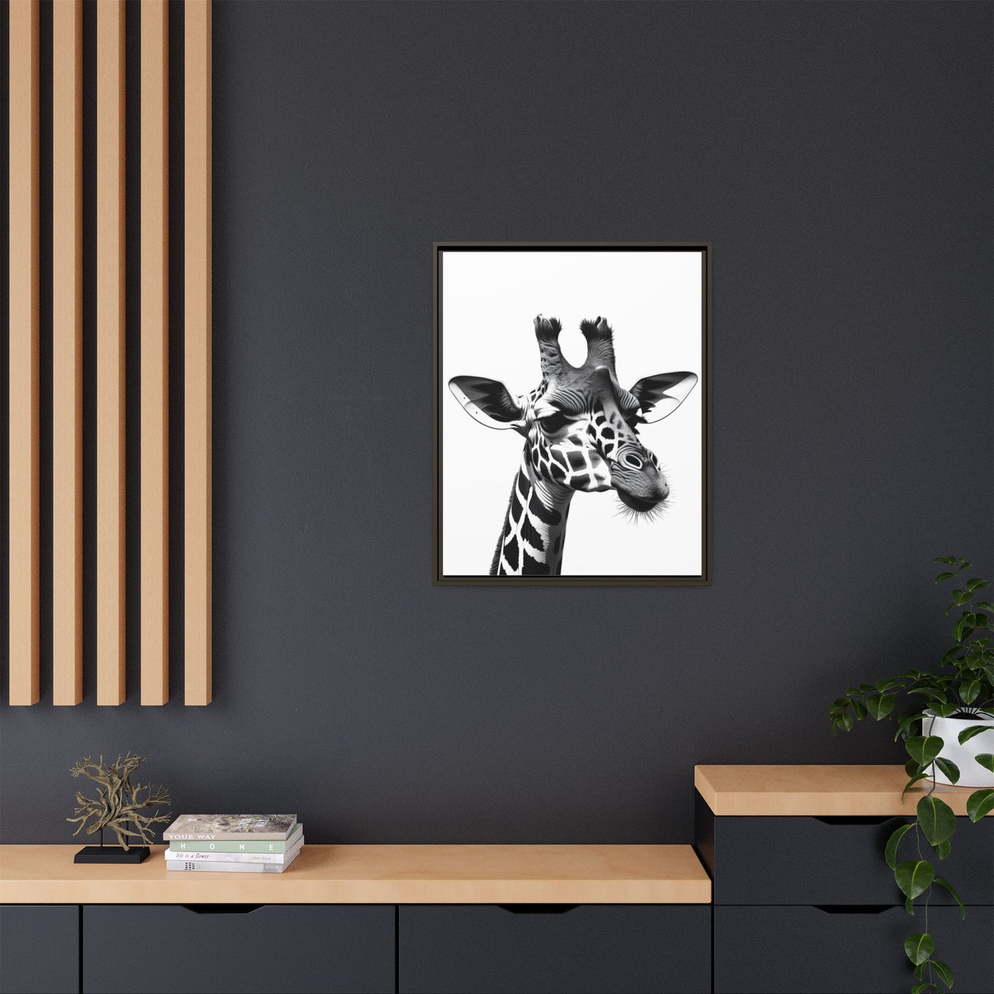 Black and White Giraffe Wall Art – Framed Safari Animal Canvas Print