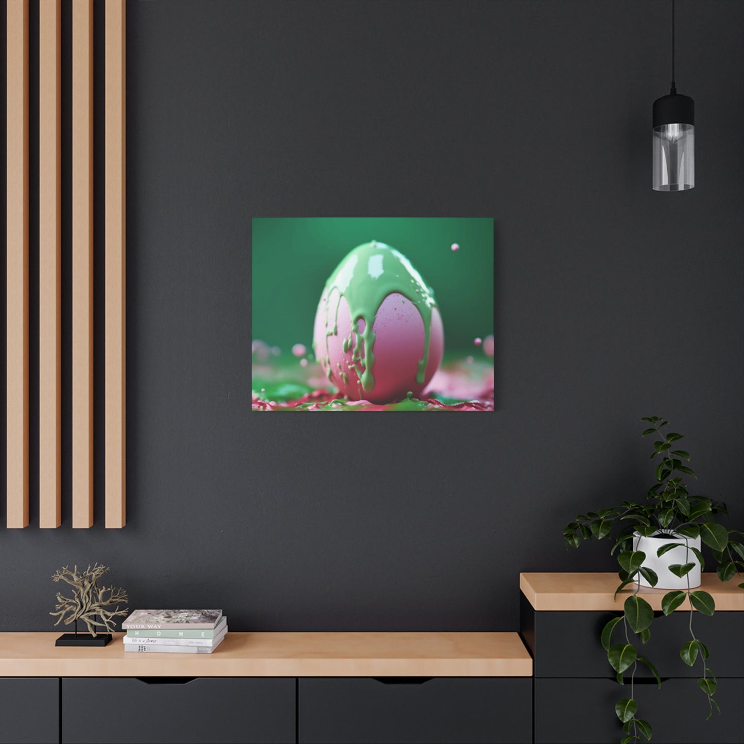 Canvas Wall or Mantle Art Pink Easter Egg with Green Paint Spring Home Decor