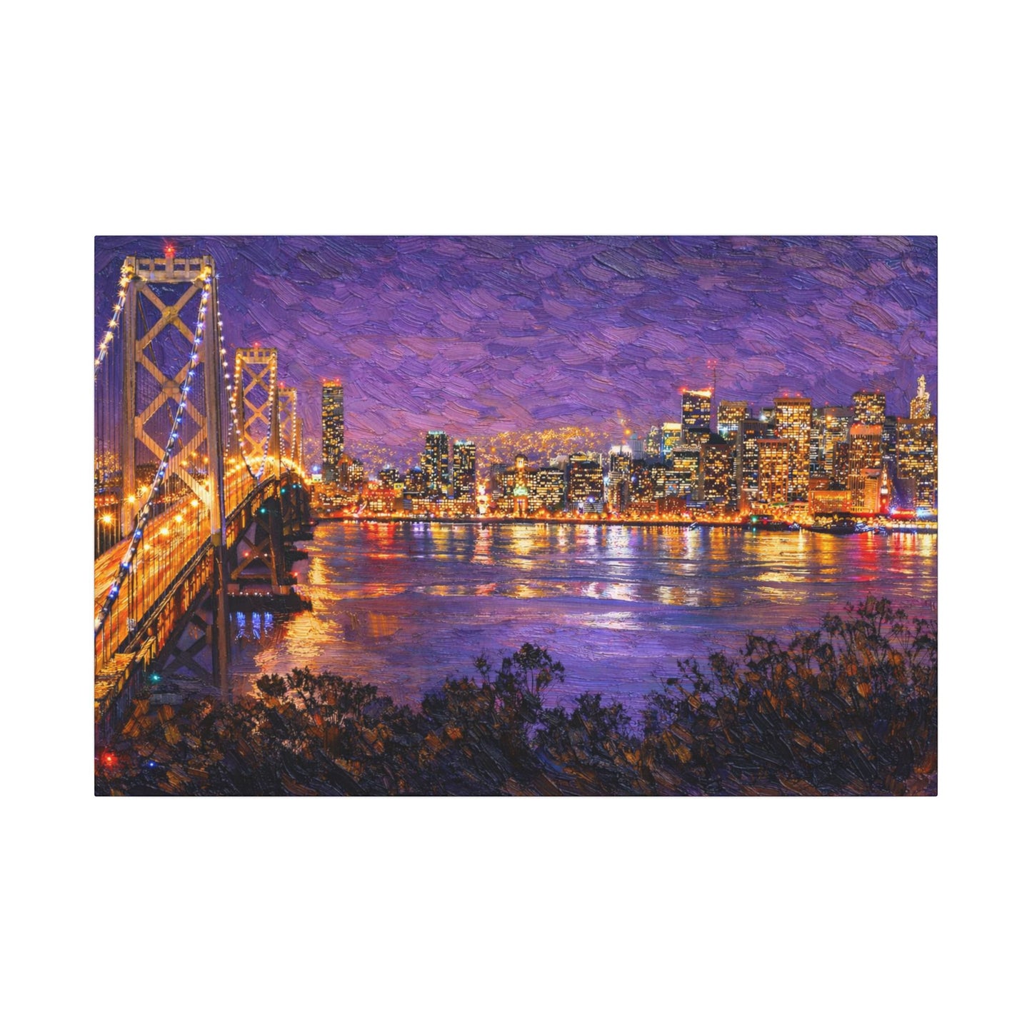San Francisco Skyline Canvas Wall Art, Bay Bridge Night Painting, Impasto Style Artwork