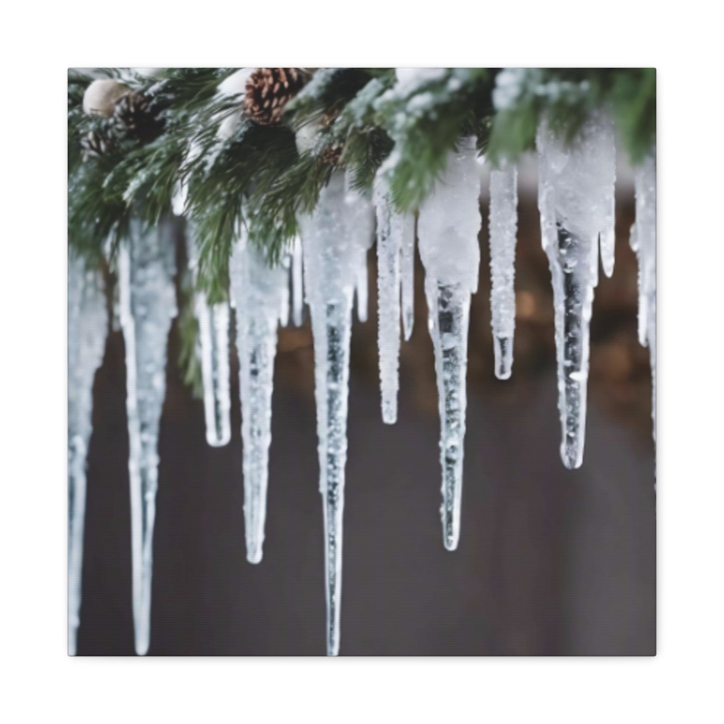 Winter Icicles Pine Branch Canvas Art: Holiday Home Decor, Stretched, 1.25"
