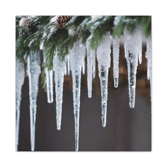 Winter Icicles Pine Branch Canvas Art: Holiday Home Decor, Stretched, 1.25"