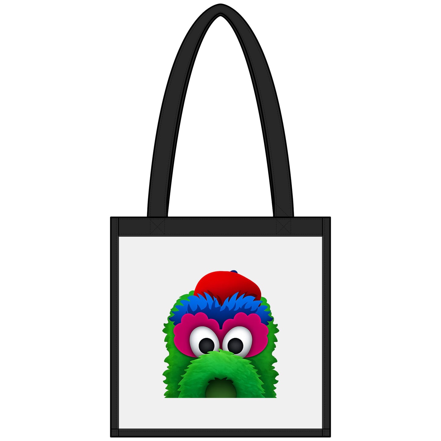 Tote bag with a colorful character face design on a white background