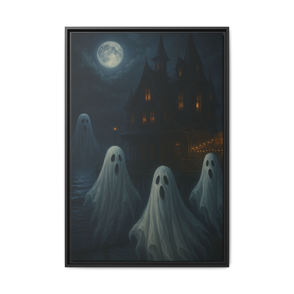 Haunted House Ghost Canvas Wall Art – Spooky Halloween Framed Art, Vintage Horror Decor, Gothic Night Scene Print
