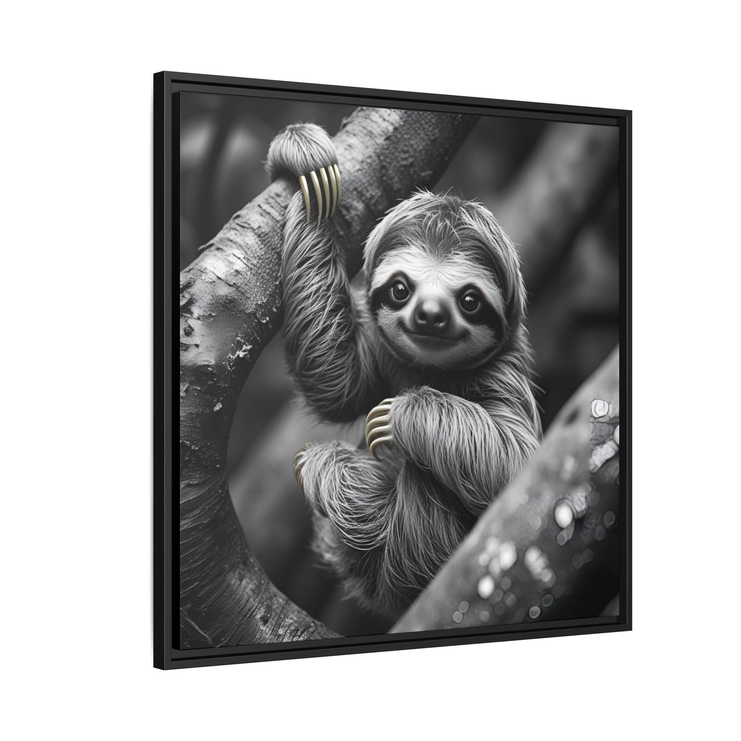Smiling Sloth Hanging on Tree Branch Wall Art on Framed Canvas, Sloth Lover Gift, Nursery Decor, Wildlife Artwork