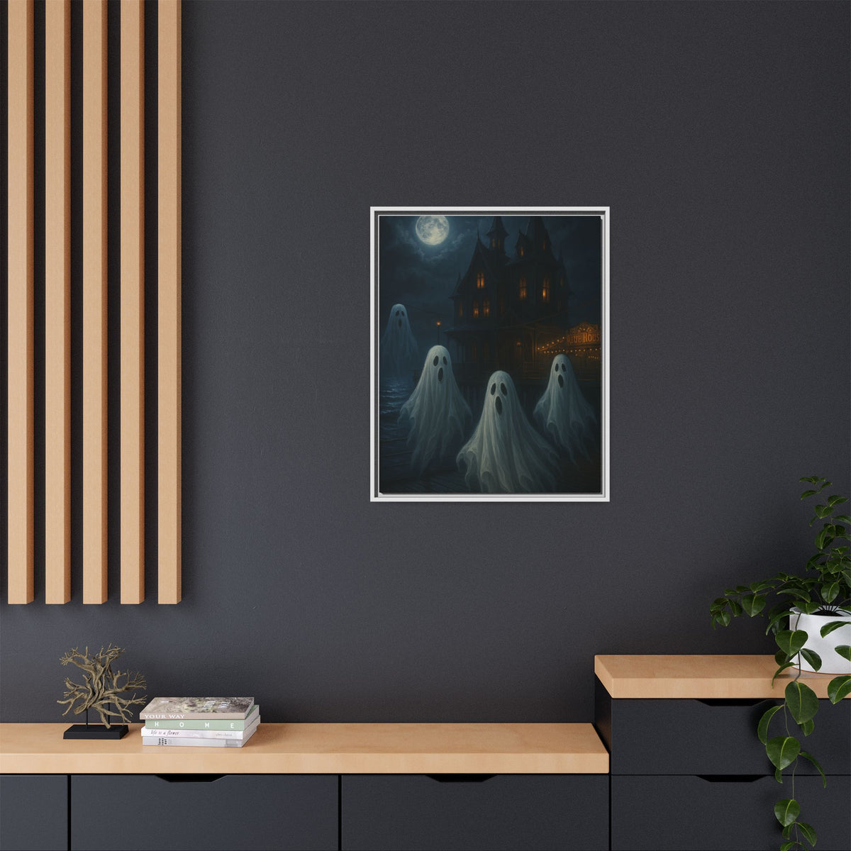 Haunted House Ghost Canvas Wall Art – Spooky Halloween Framed Art, Vintage Horror Decor, Gothic Night Scene Print