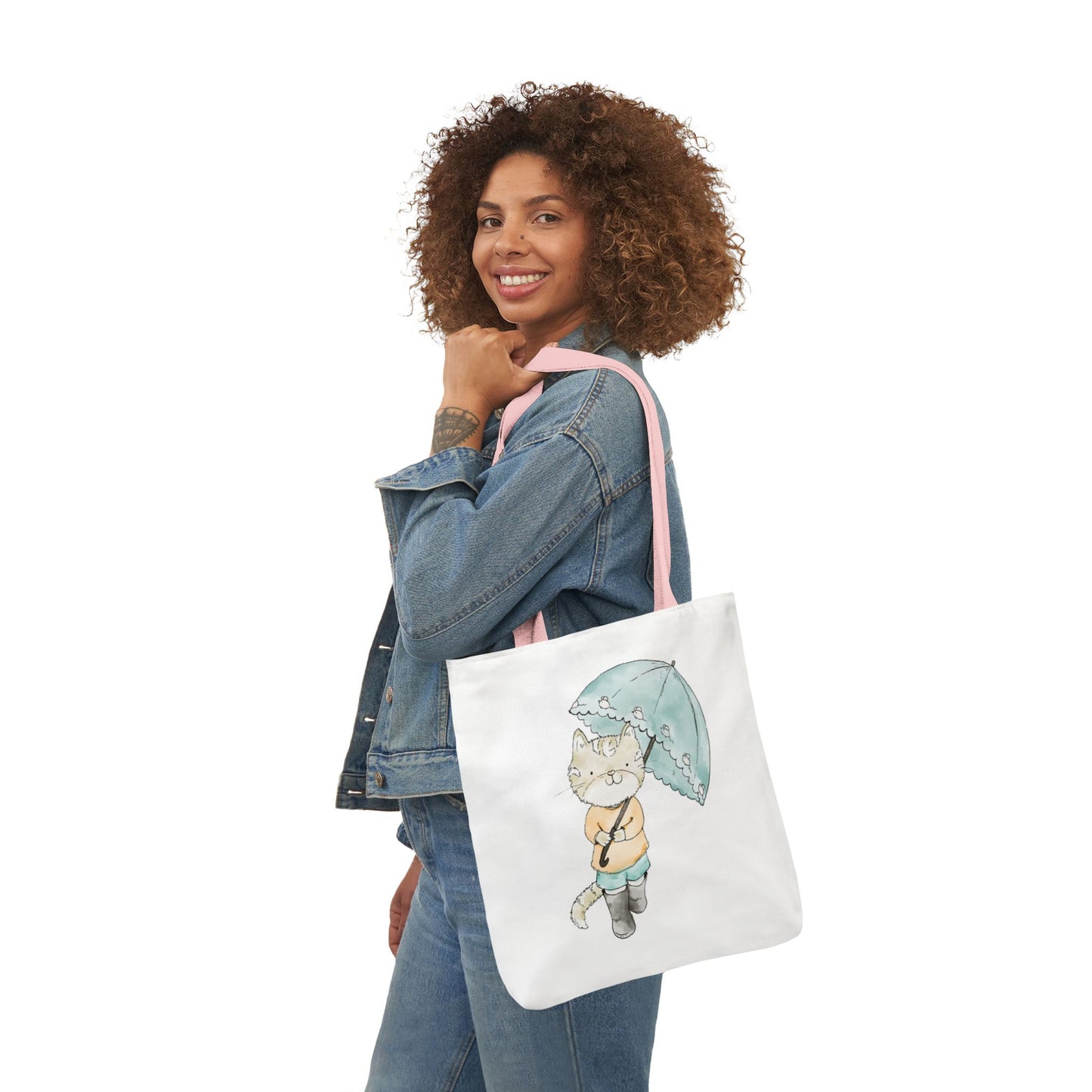 Cat Lover Tote Bag Cute Kitty with Umbrella Rain Boots Cat Lover Eco Tote Bag
