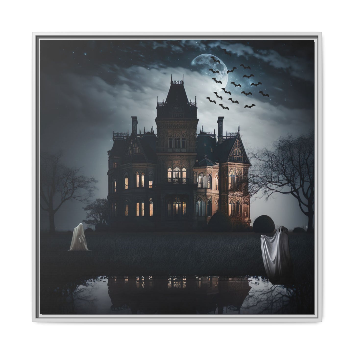 Gothic mansion at night with ghosts and bats, framed artwork