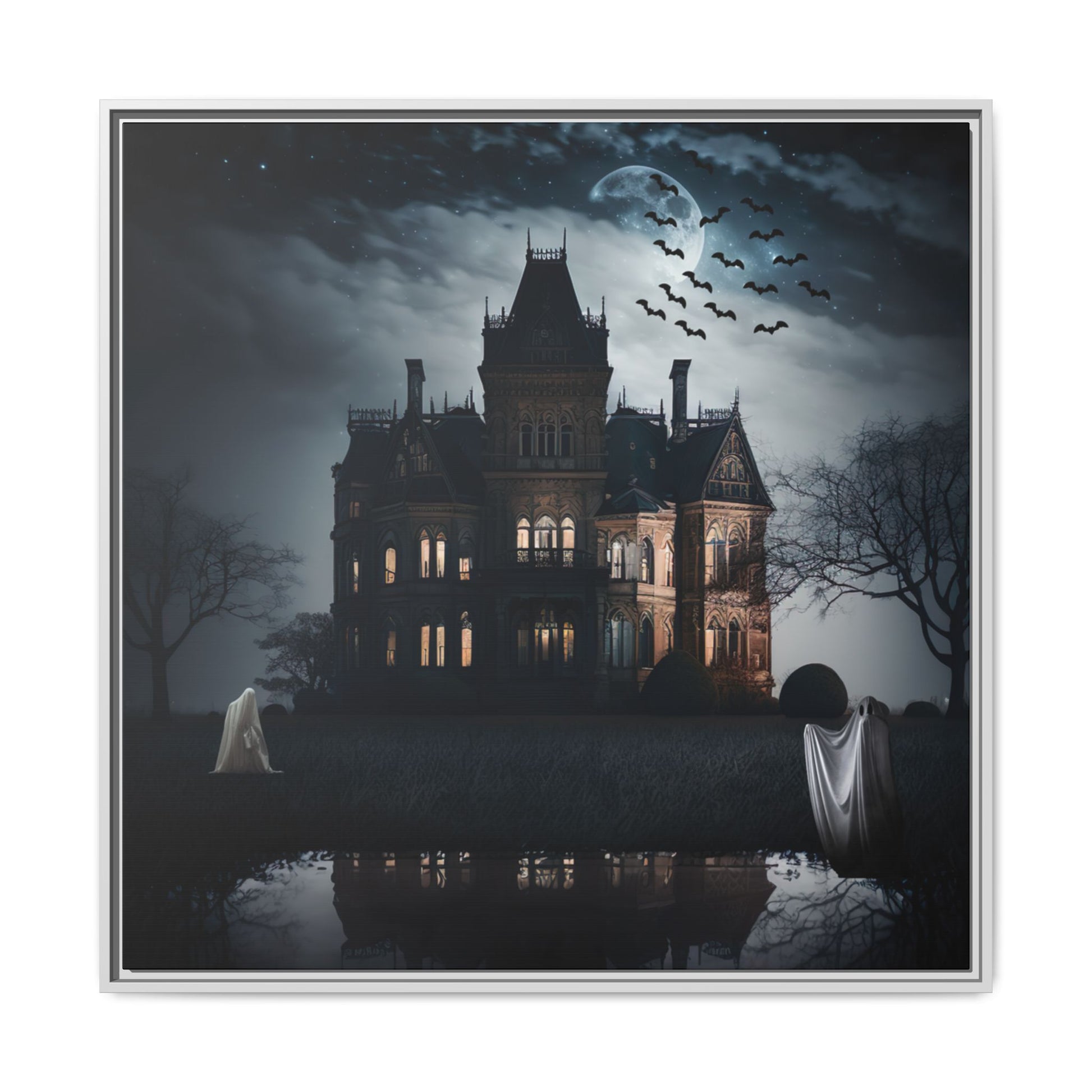 Gothic mansion at night with ghosts and bats, framed artwork