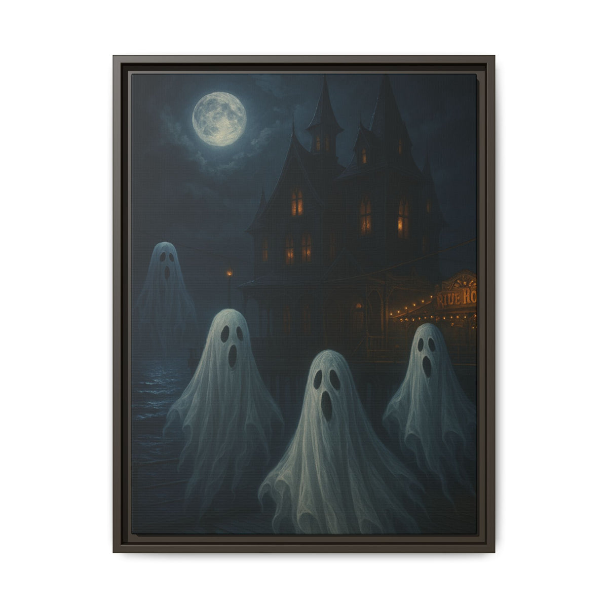 Haunted House Ghost Canvas Wall Art – Spooky Halloween Framed Art, Vintage Horror Decor, Gothic Night Scene Print