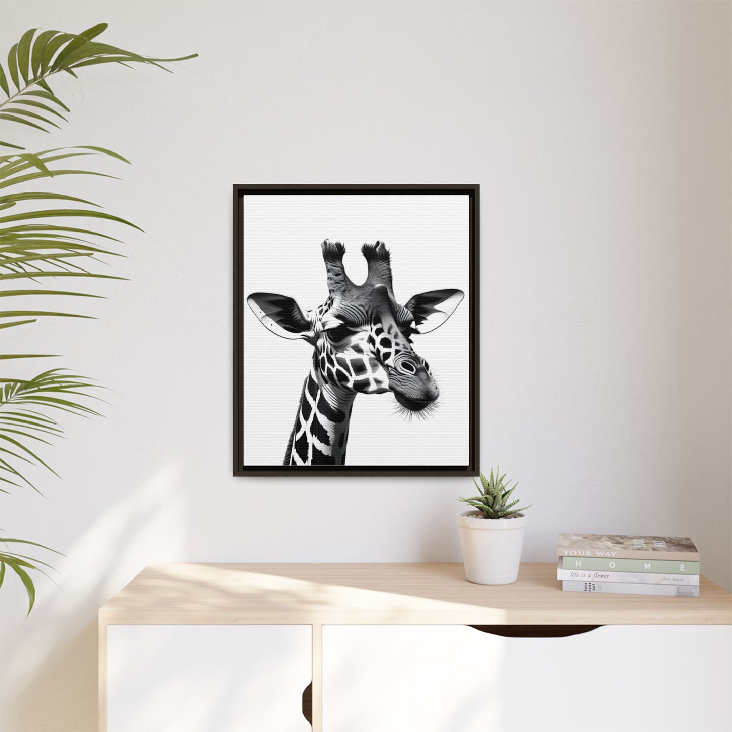 Black and White Giraffe Wall Art – Framed Safari Animal Canvas Print