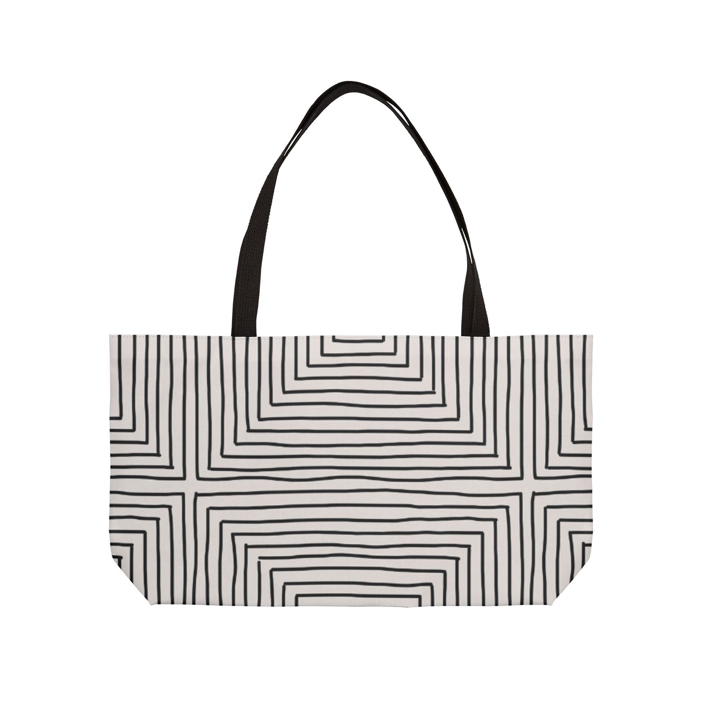 Tote bag with black and white geometric pattern on a white background