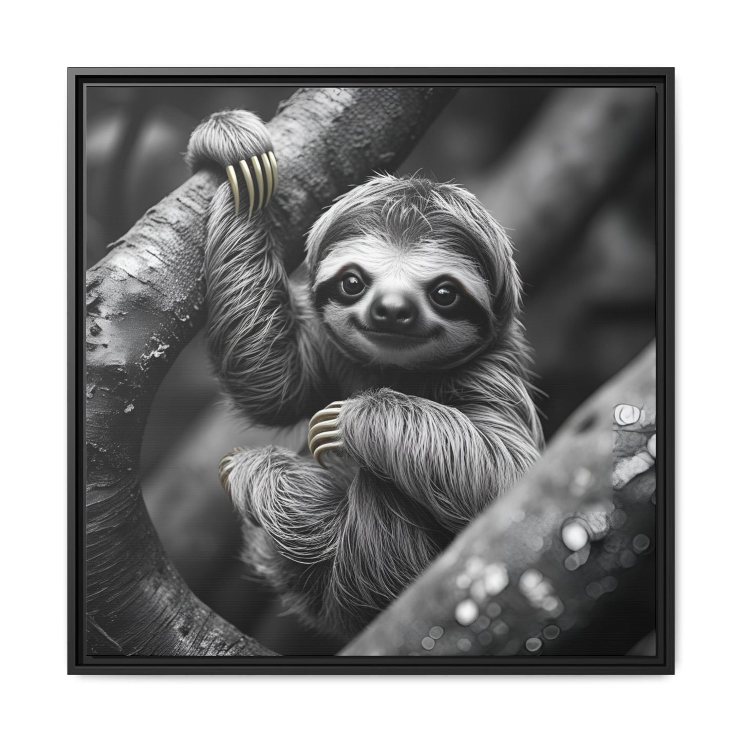 Smiling Sloth Hanging on Tree Branch Wall Art on Framed Canvas, Sloth Lover Gift, Nursery Decor, Wildlife Artwork