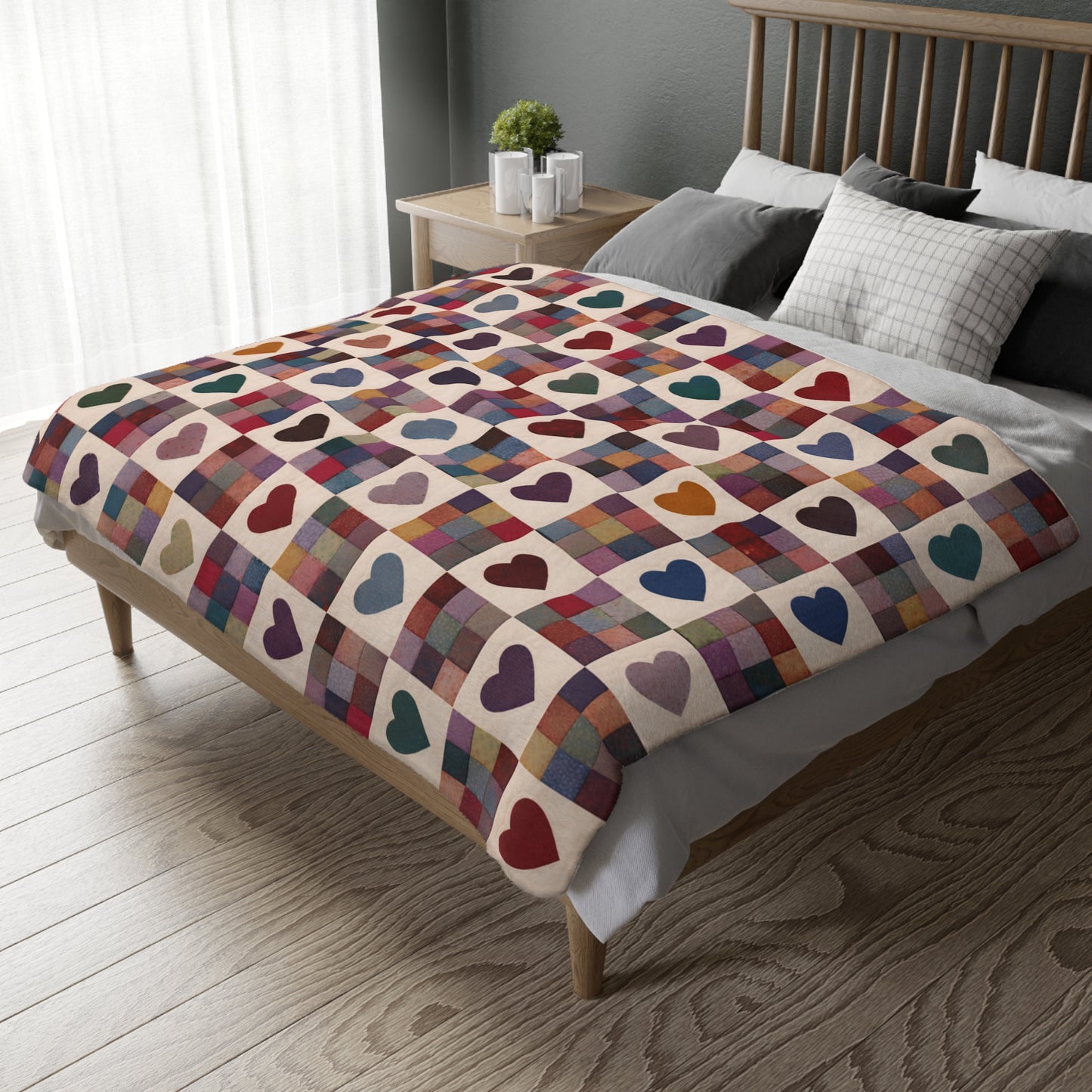 Bed with a colorful heart-patterned blanket in a bedroom setting.