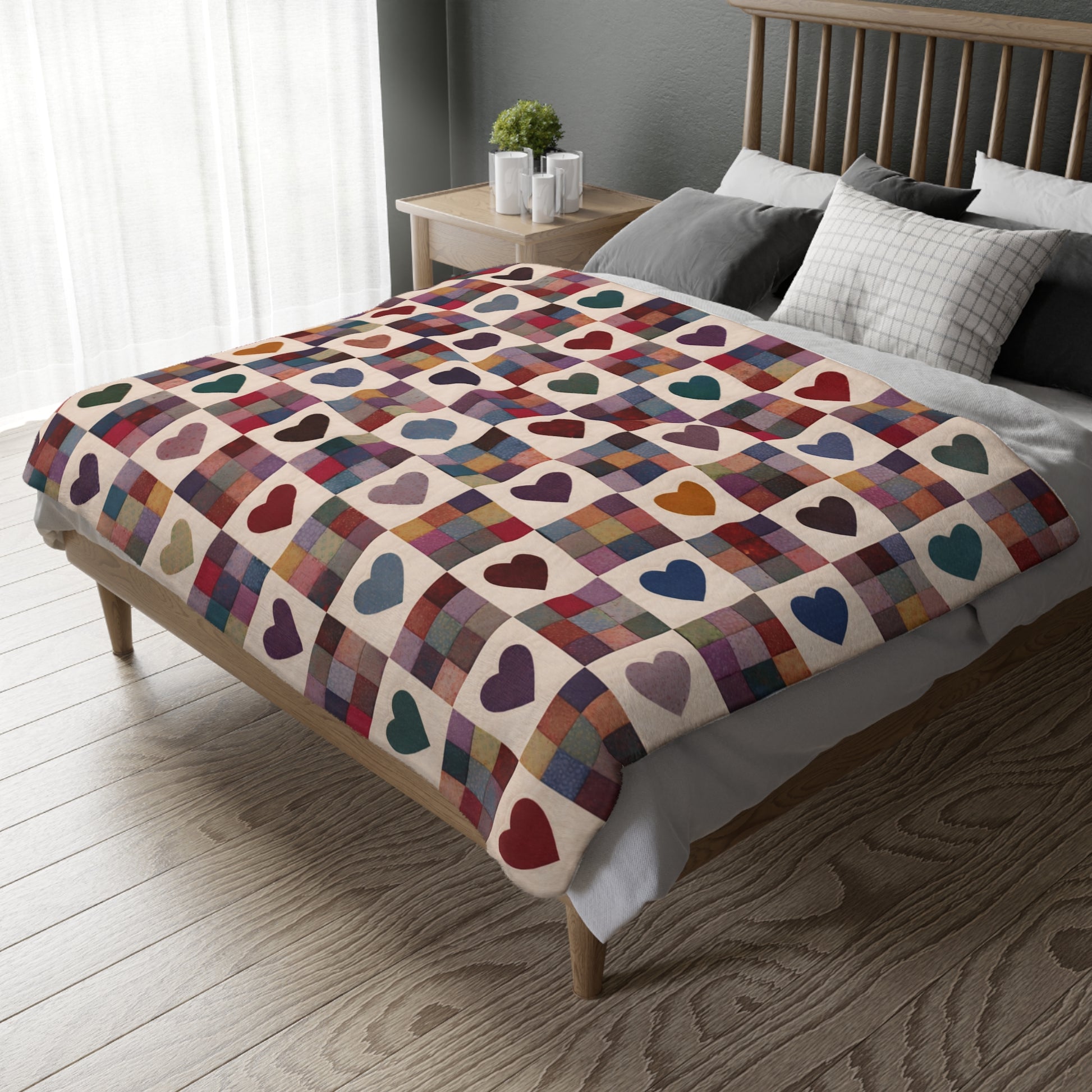Bed with a colorful heart-patterned blanket in a bedroom setting.