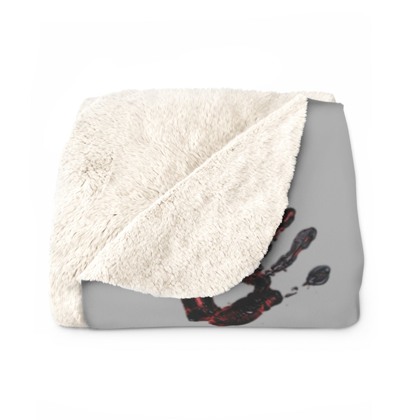 Gray blanket with white sherpa lining and a black and red design on a white background
