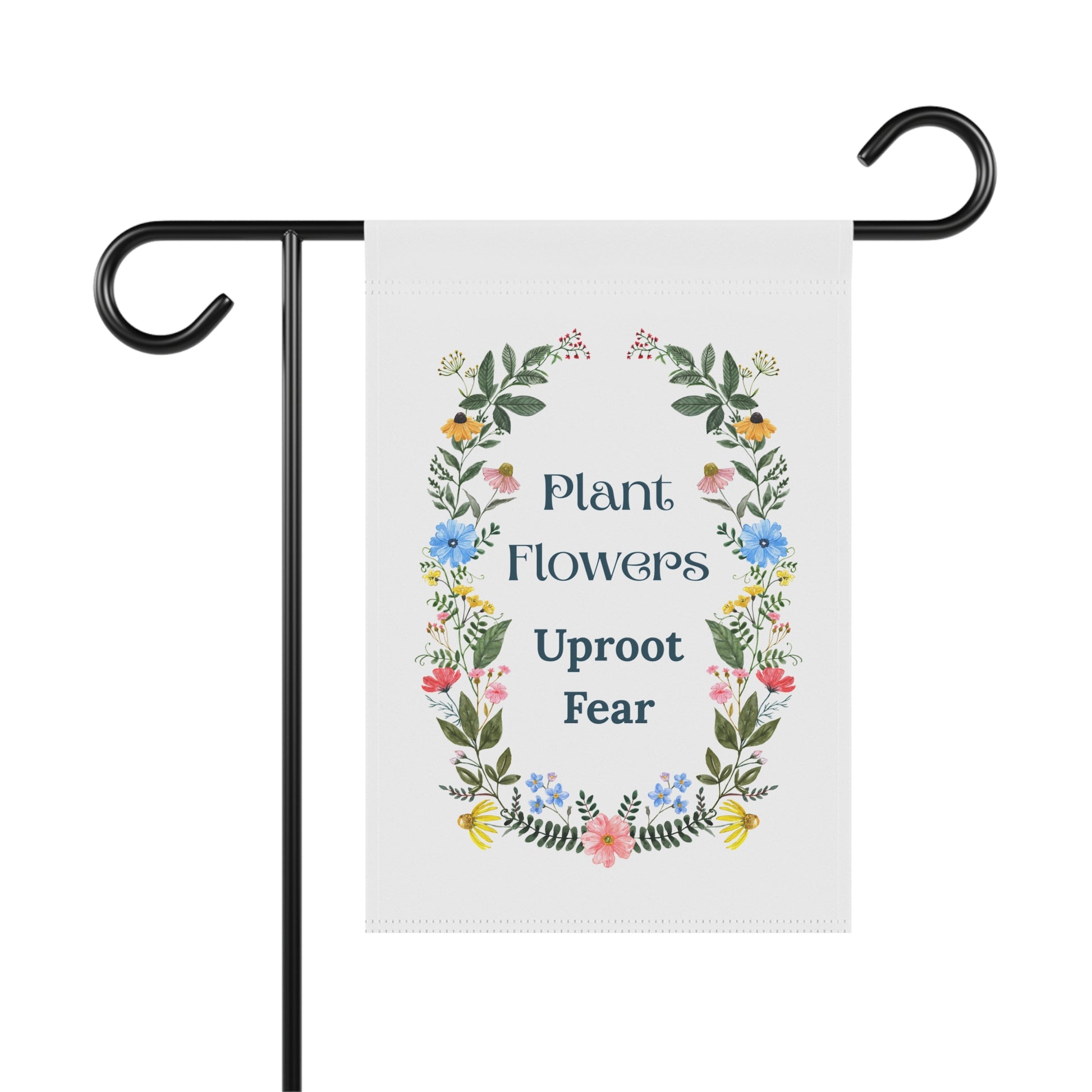 Garden flag with floral design and text on a white background