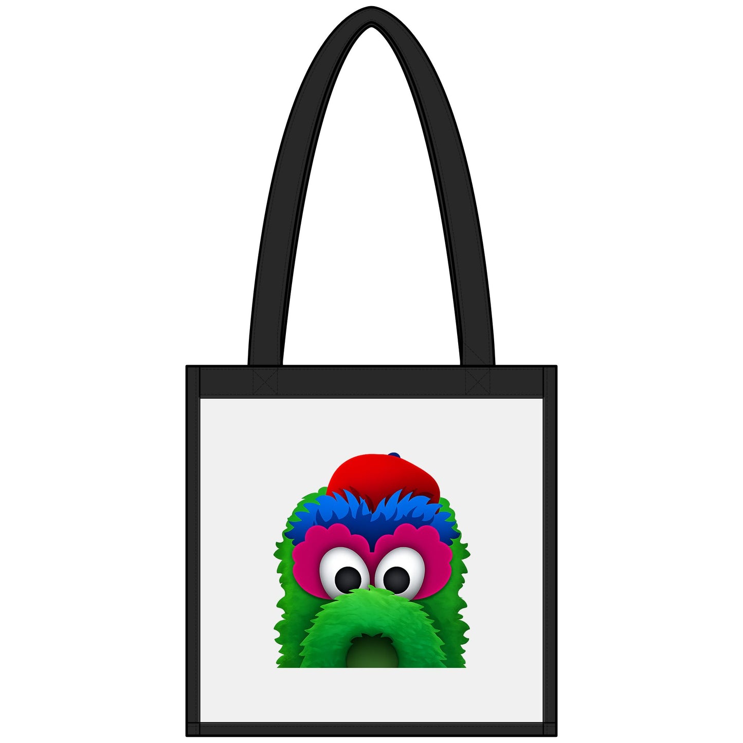 Tote bag with a colorful character face design on a white background