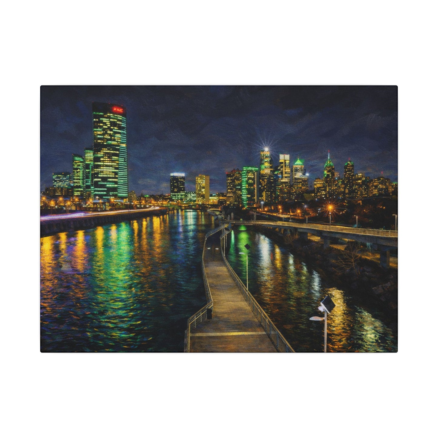 City skyline at night with illuminated buildings reflected in a body of water, featuring a dock.
