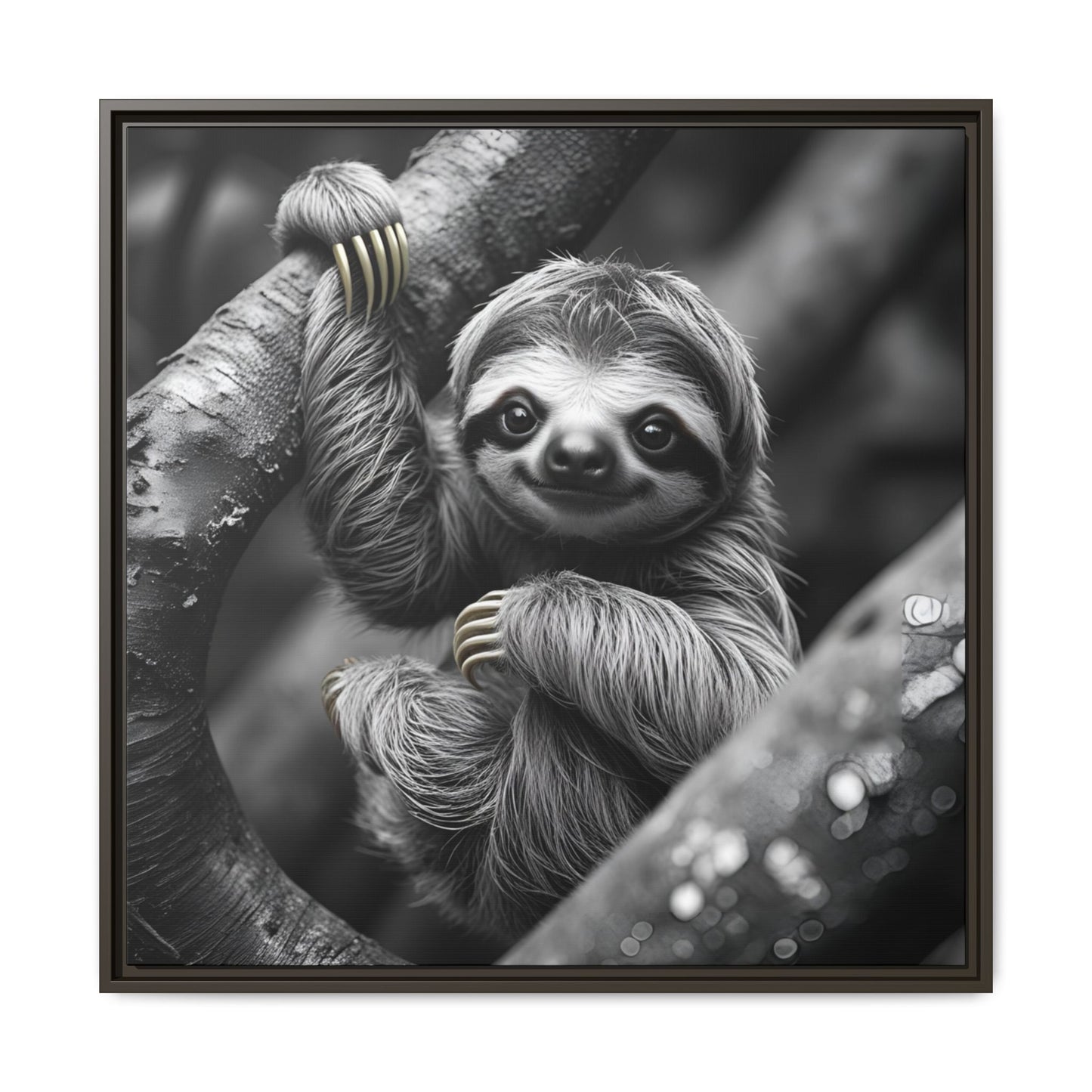 Smiling Sloth Hanging on Tree Branch Wall Art on Framed Canvas, Sloth Lover Gift, Nursery Decor, Wildlife Artwork