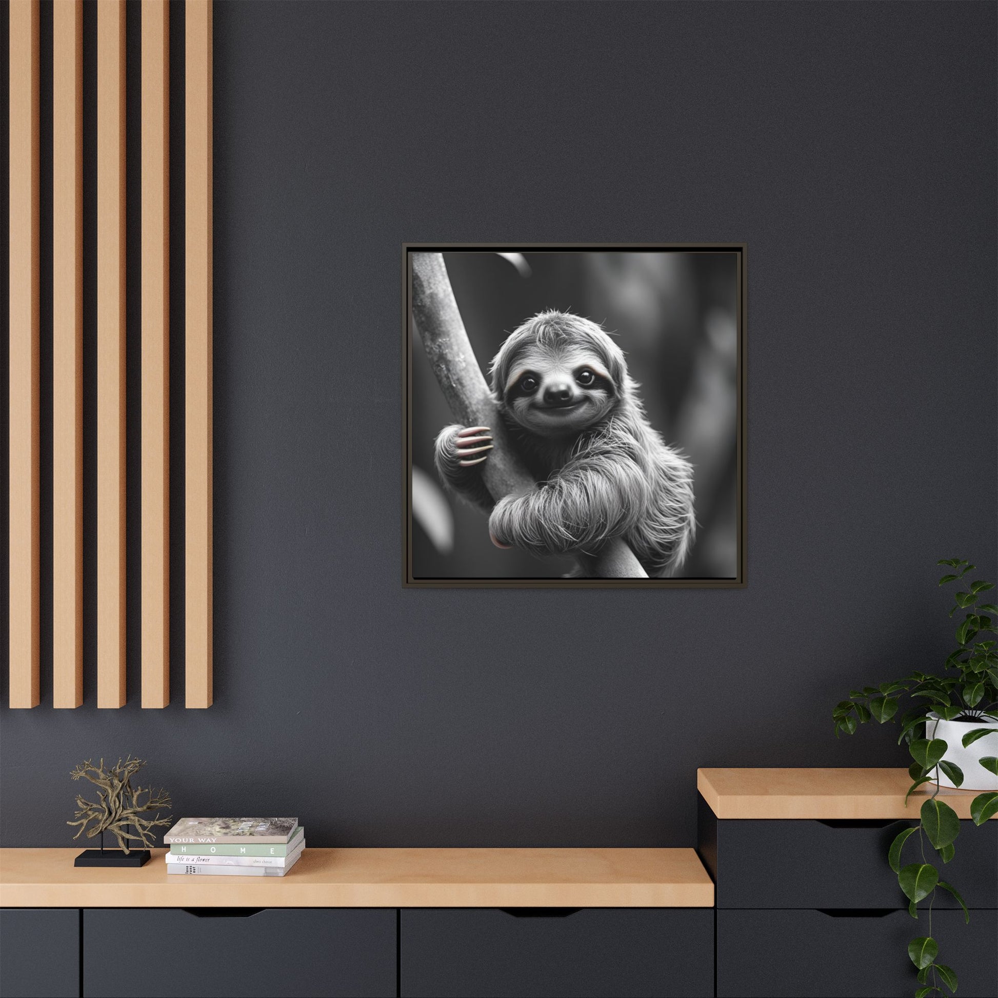 Framed black and white photo of a sloth on a dark wall with wooden shelves.